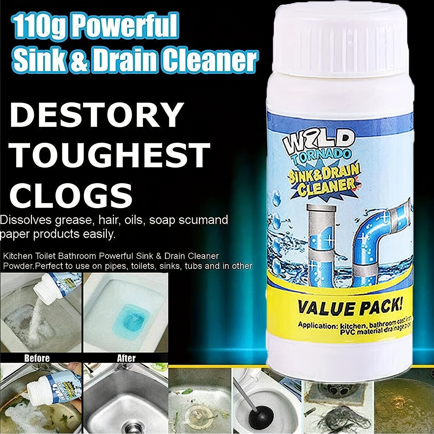 Pipe Dredge, Powerful Sink And Drain Cleaner Powder, Fast Foaming