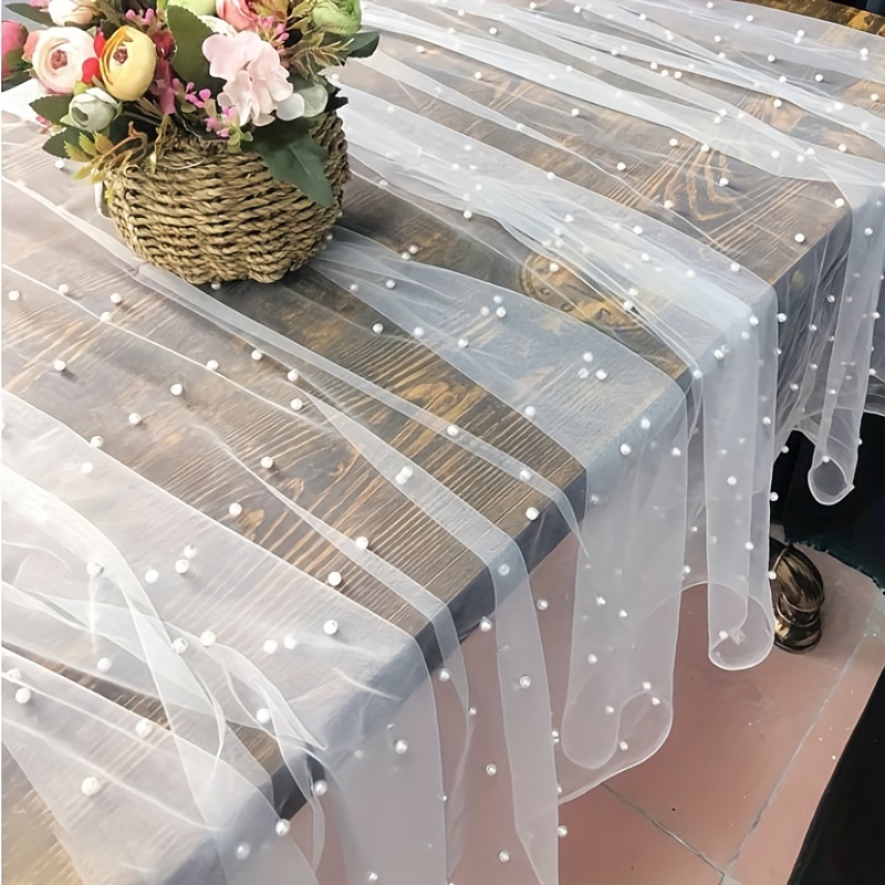 1pc White Tablecloth Pearl Tulle Tablecloth Wedding Veil Pearl Tulle Table  Runner Fabrics For Wedding Dessert Table Decorations, Fabric Romantic Lace