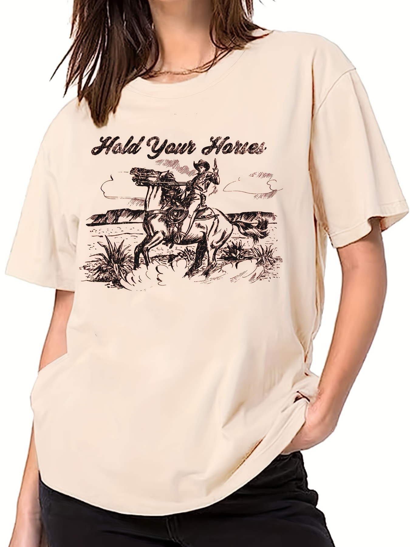 Women Long Live Cowboy T-Shirt Skeleton Horse Graphic Western