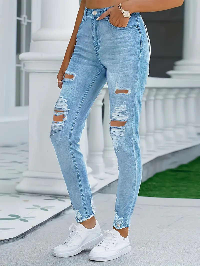 Washed Blue Cut Out Front Denim Pants, Ripped Holes Distressed Trim Slim  Fit High Waist Skinny Jeans, Women's Denim Jeans & Clothing - Temu France