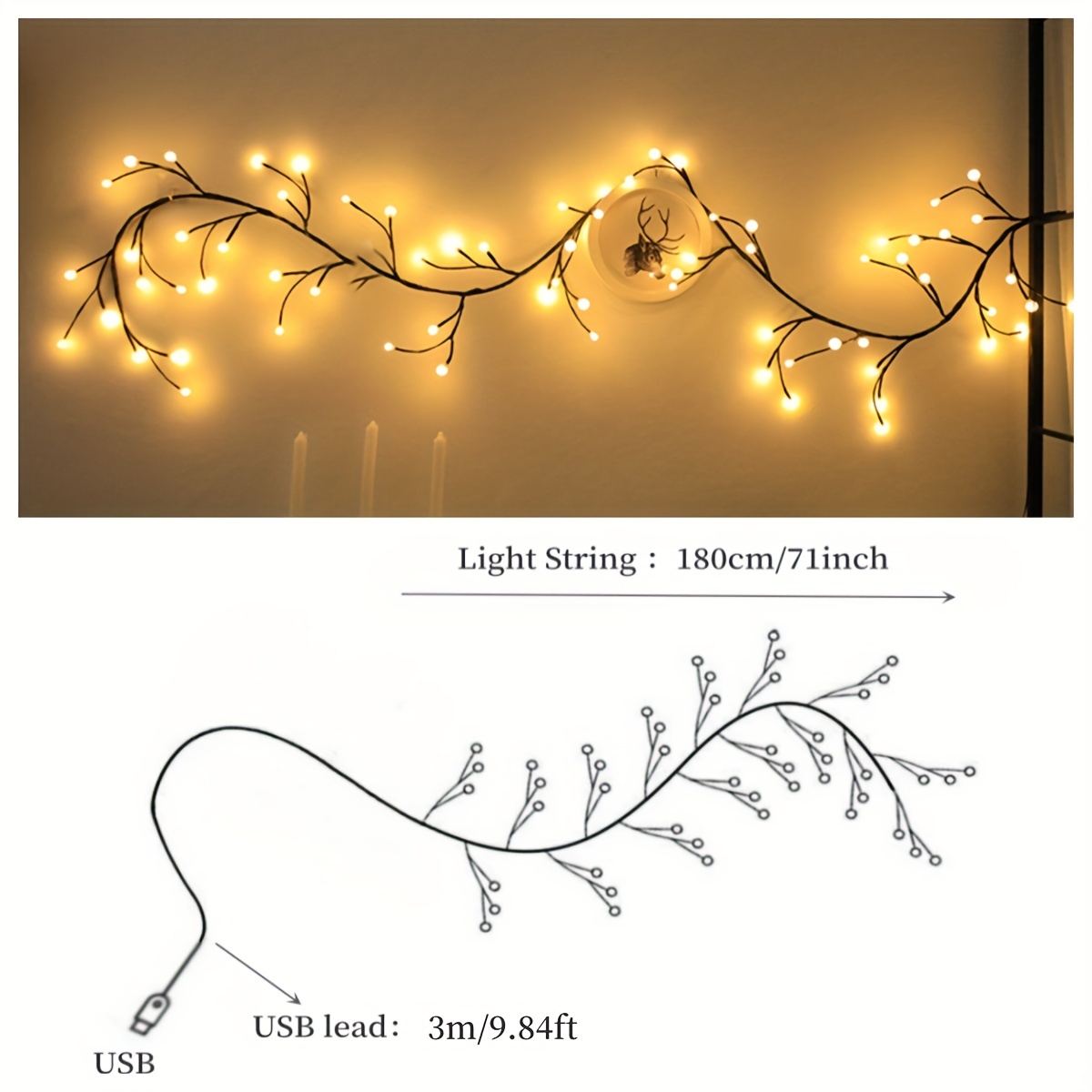 1pc usb powered willow vine lamp 48 led 1 8m 5 9 foot string lights for living room bedroom party walls home decoration christmas halloween decorations details 7