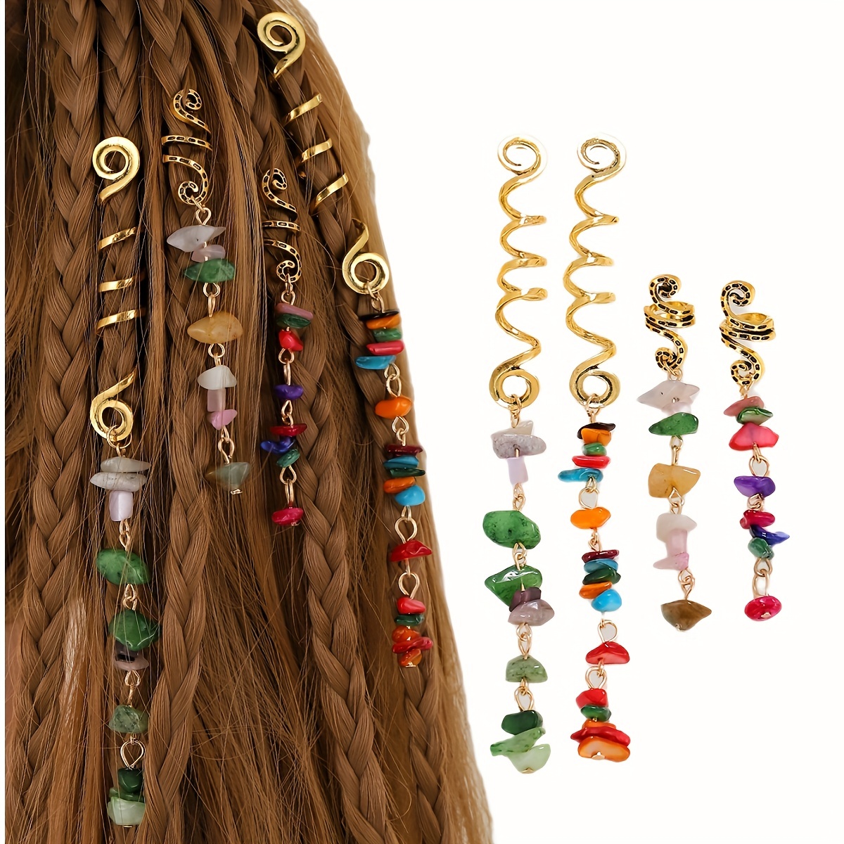 12 Pieces Colored Natural Stone Pendant Hair Jewelry for Braids Crystal  Dreadlock Accessories Hair Gems Metal