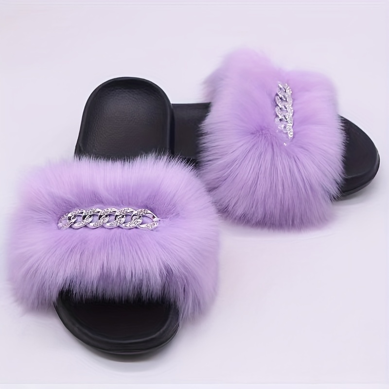 Women's Fluffy Furry Flat Slippers Fashion Chain Decor Open - Temu