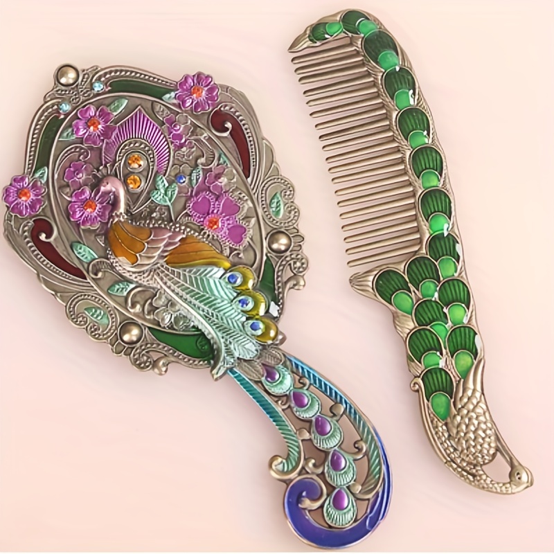 Vintage Peacock Handheld Mirror Comb Set