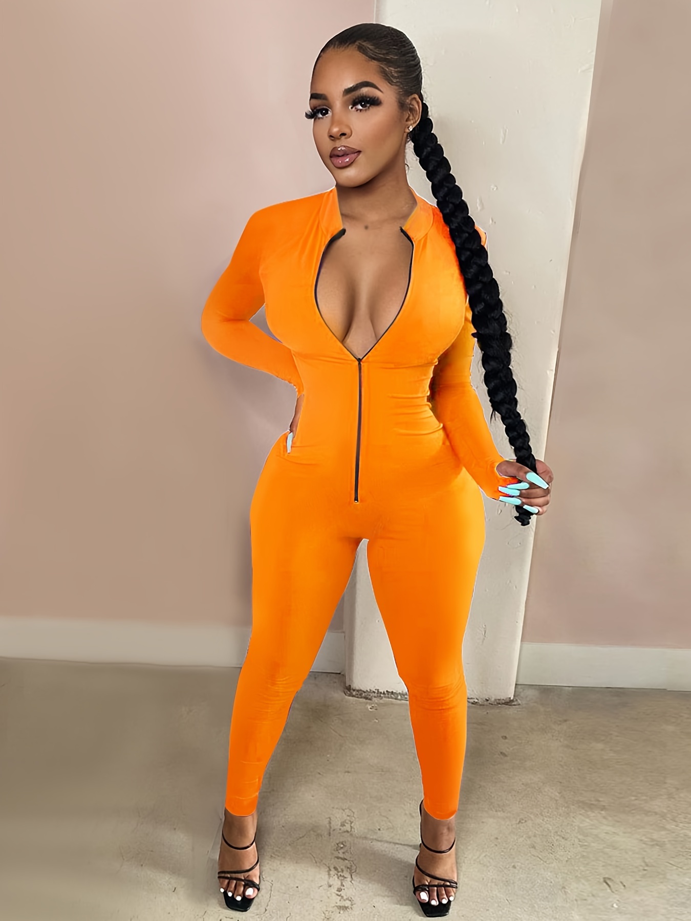 Women's Sexy Bodycon Zip Jumpsuit Solid Long Sleeve Stretchy - Temu