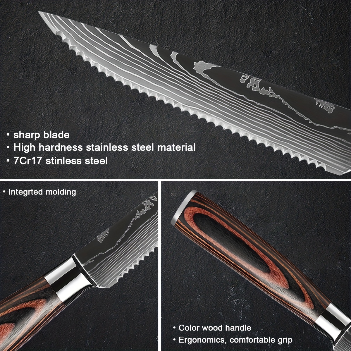 XT XITUO Steak Knives Set of 6 Piece Damascus Patterned Stainless Steel Serrated Knife Wooden Handle Beef Cleaver Multipurpose Restaurant Cutlery