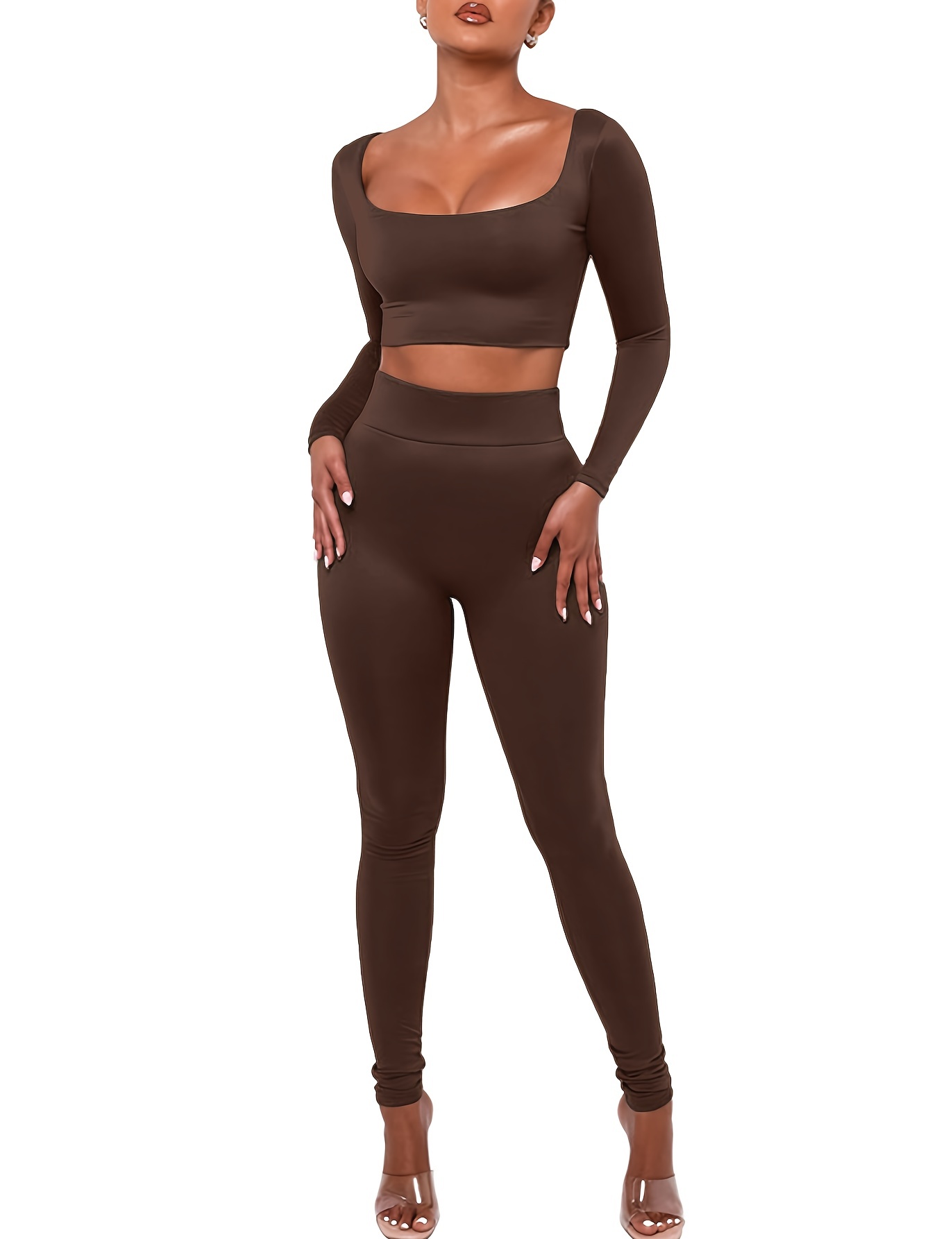 2023 Women's Yoga Tracksuit Ribbed 2 Piece Square Neck Long  Sleeve Crop Tops and High Waisted Leggings Outfits Sets : Clothing, Shoes &  Jewelry