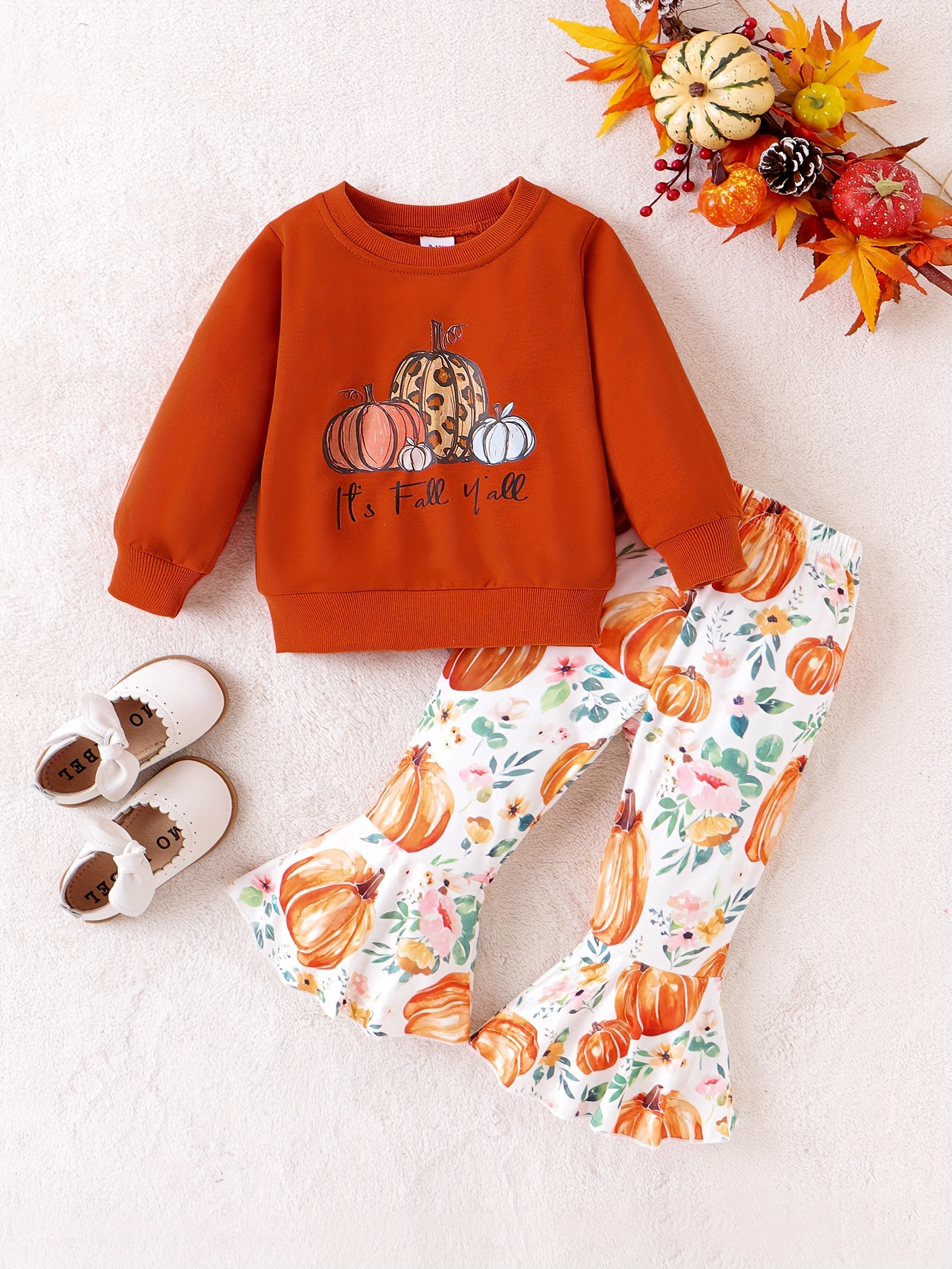 Halloween Girl Print Pullover + Pumpkin Graphic Flare Pants - Temu