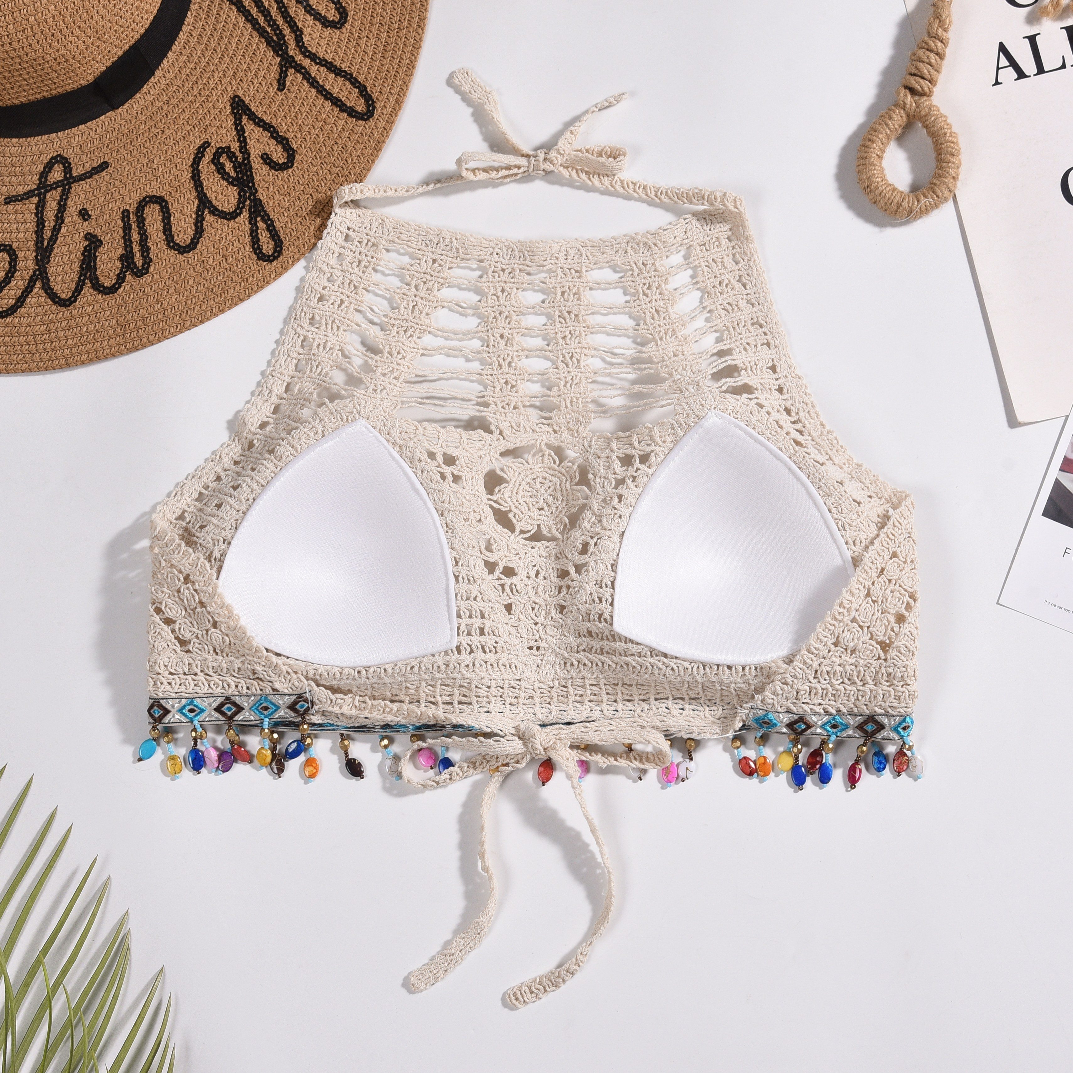 1pc Boho Chic Hollow-Out Crochet Halter Neck Tankini Top for Women, Knitted Rayon/Viscose Fabric, Adult Beachwear with Built-in Padding, Solid Color Design, Stretchable, 130g/m? Lightweight