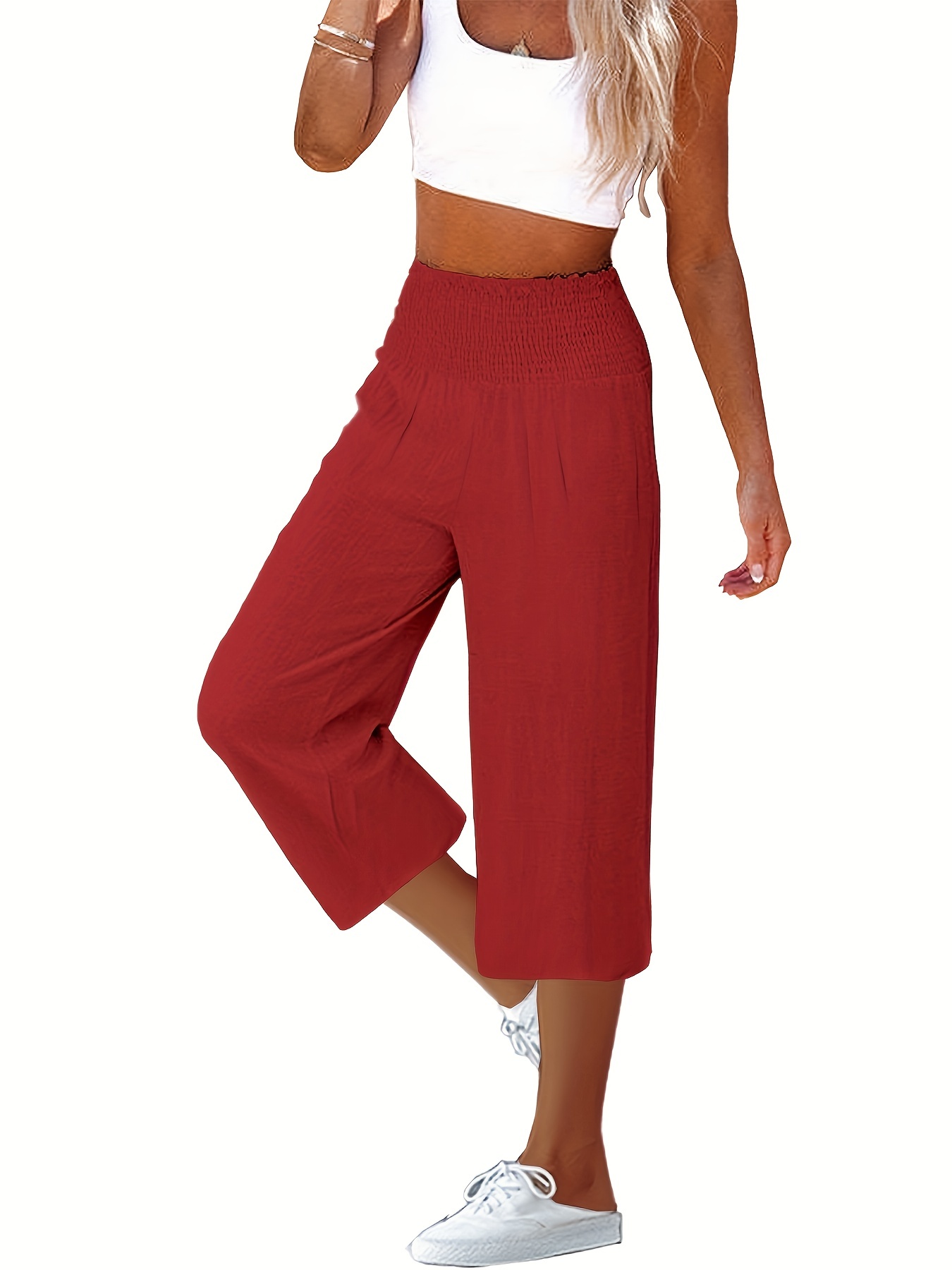 Capri Pants for Women Fashion Solid Color With Pockets Plus Size Cotton  Linen Drawstring Wide leg Casual Loose High Waist Capri Pants