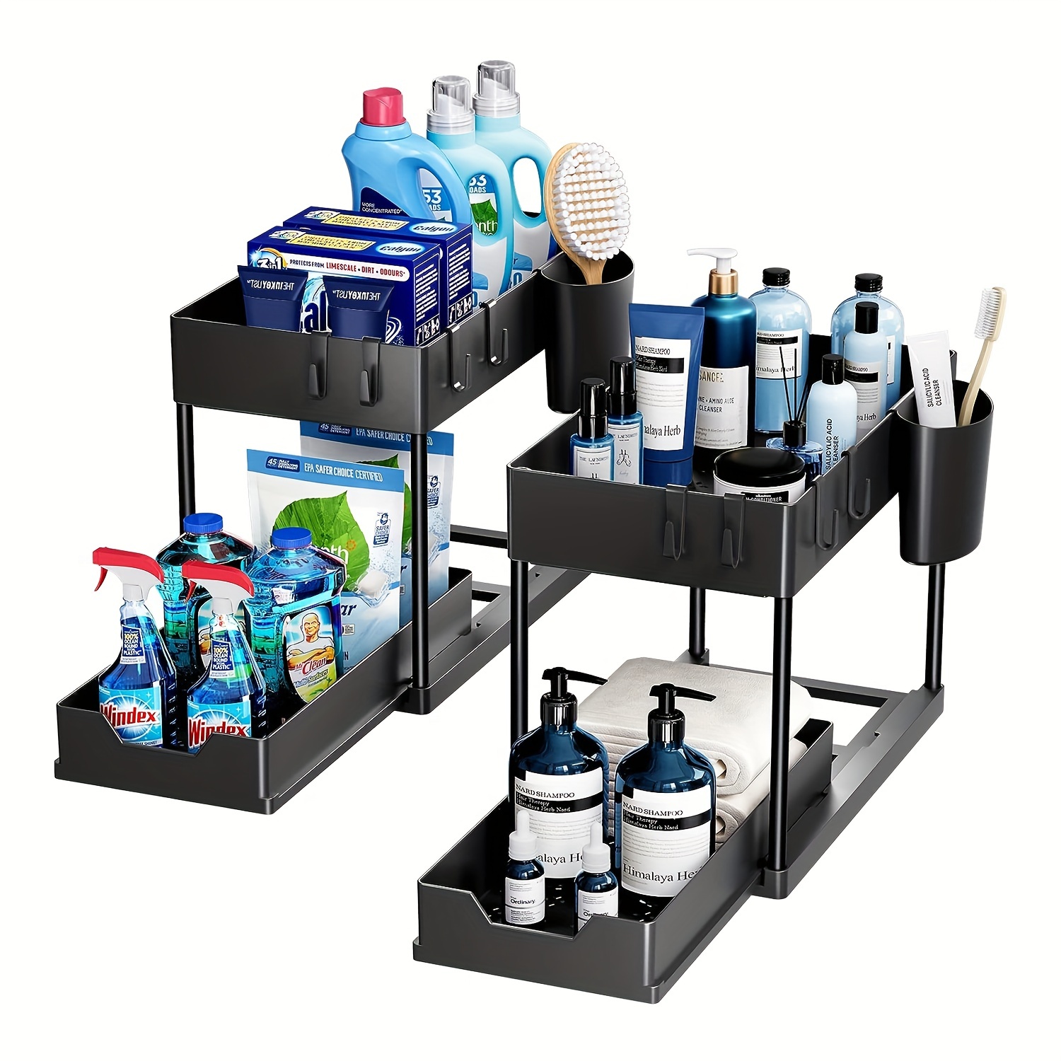 Cheap 2 Tier Under Sink Organizer Sliding Cabinet Basket Organizer Storage  Rack with Hooks Hanging Cup Bathroom Kitchen Organizer