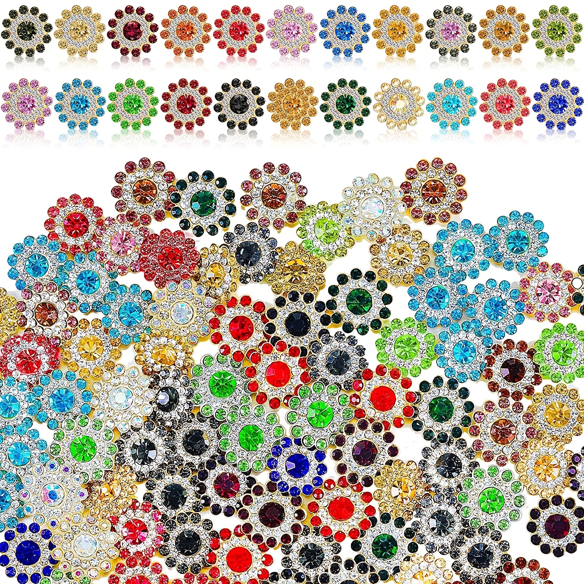 100pcs Multicolor Crystal Flower Shape Rhinestone Buttons Sew On