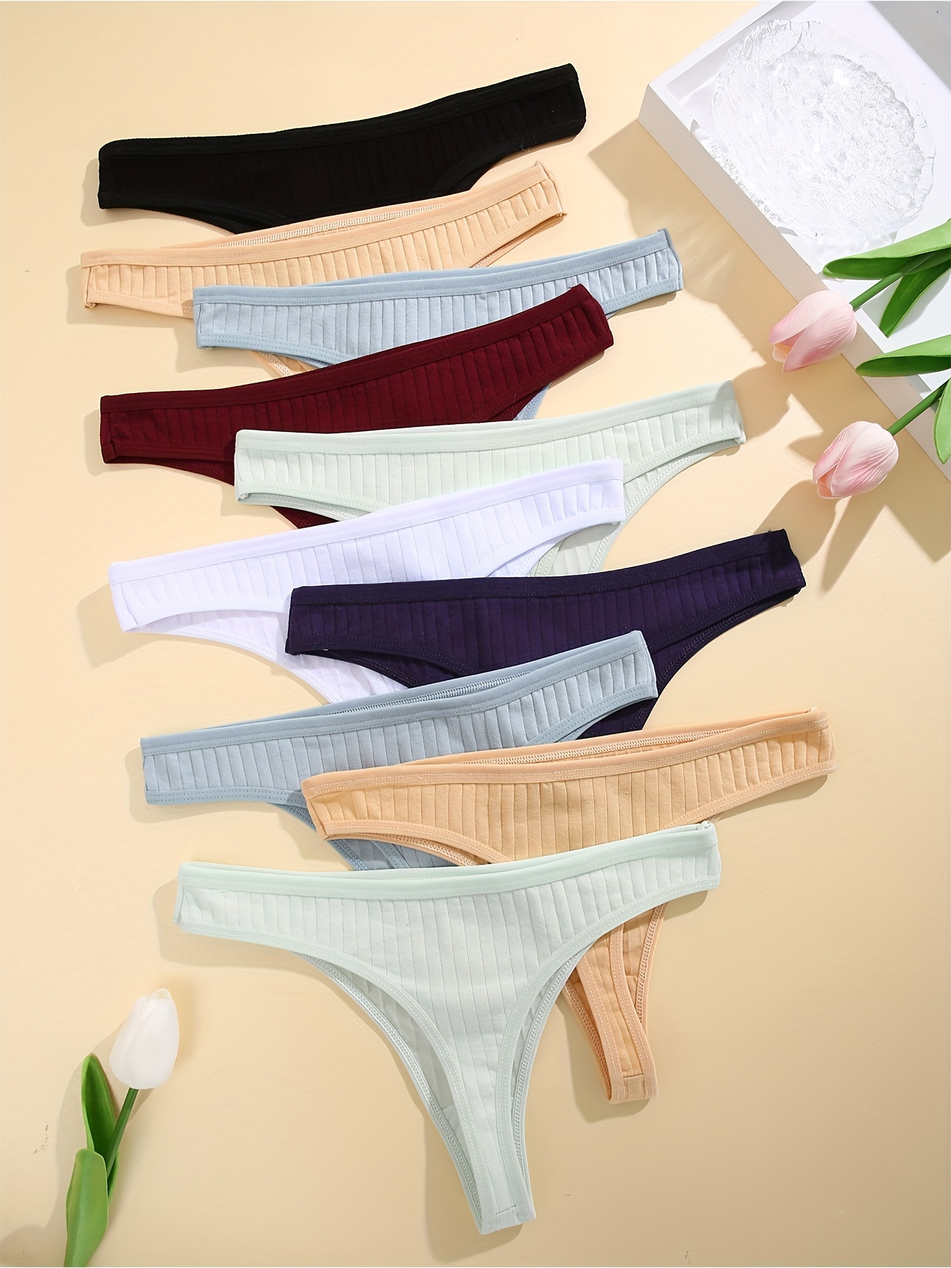3 Pack Cotton Thongs Lady Solid V-Waist Stripe Panties Breathable G-String  Underwear Soft Intimates Lingerie