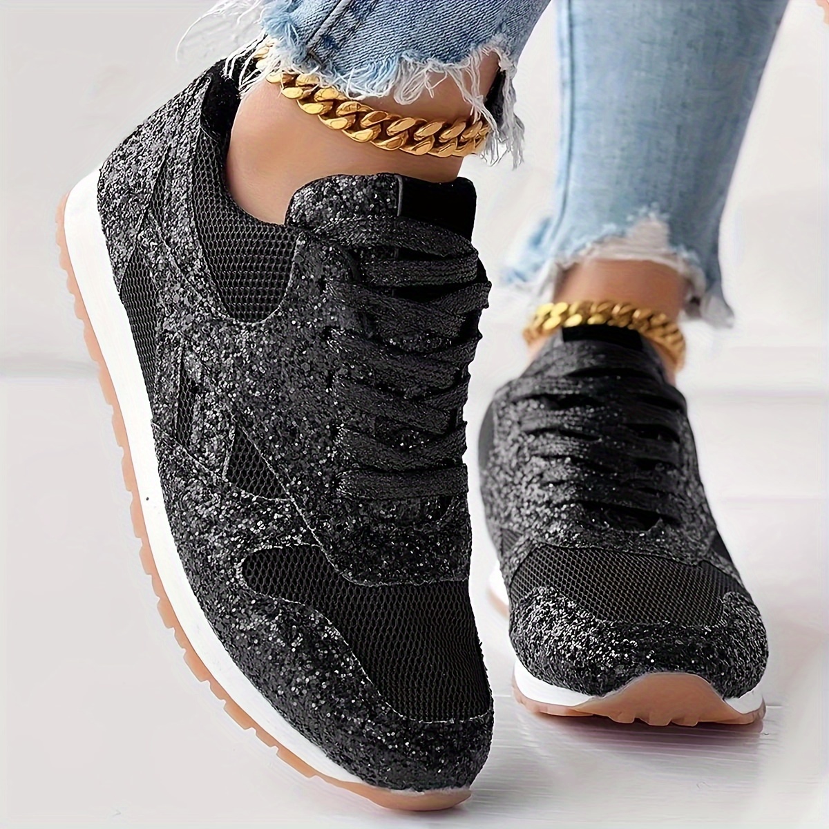 Sequins Glitter Sneakers, Women's Decor Casual Black Lace Lightweight Shoes,Women Tennis Shoes,Temu