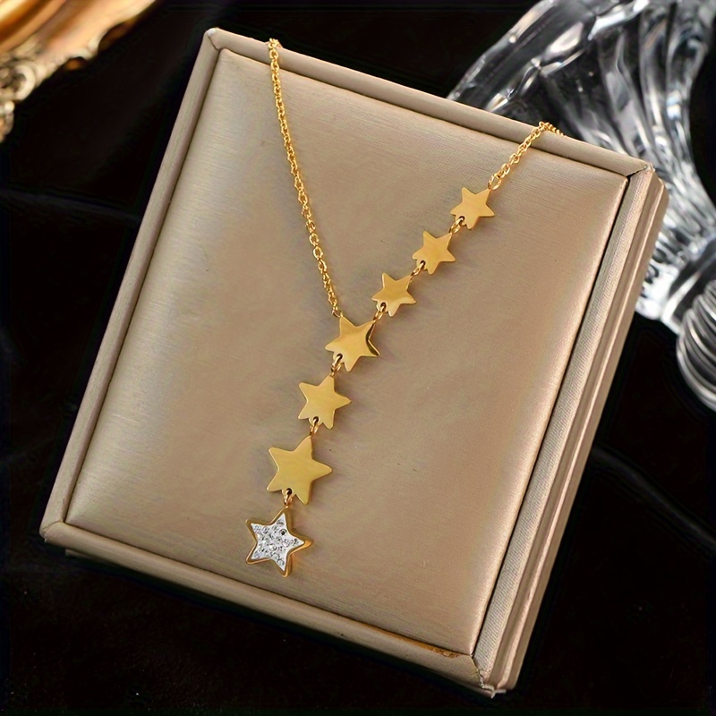 Image of 1pc Fashion Stainless Steel Golden Color Stars Rhinestone Necklace Chain Necklace For Women Waterproof Jewelry Gifts Party
