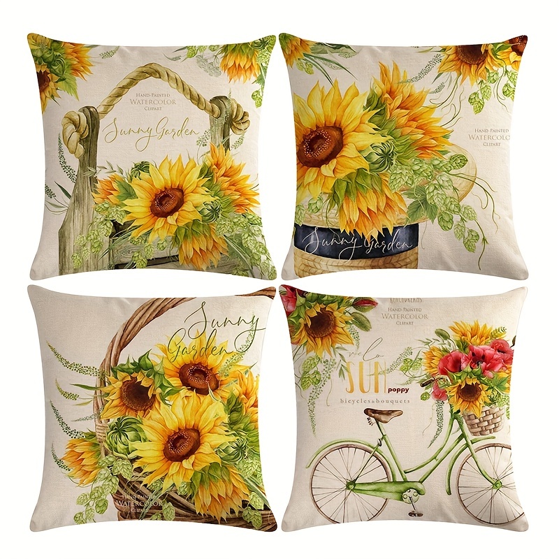 

4pcs, Linen Blend Throw Pillowcases Decorative Yellow Sunflower Flower Baskets, Fresh Flowers Bicycles Printed Autumn Throw Pillow Covers, For Living Room Bedroom Couch Sofa Home Decor, Room Decor