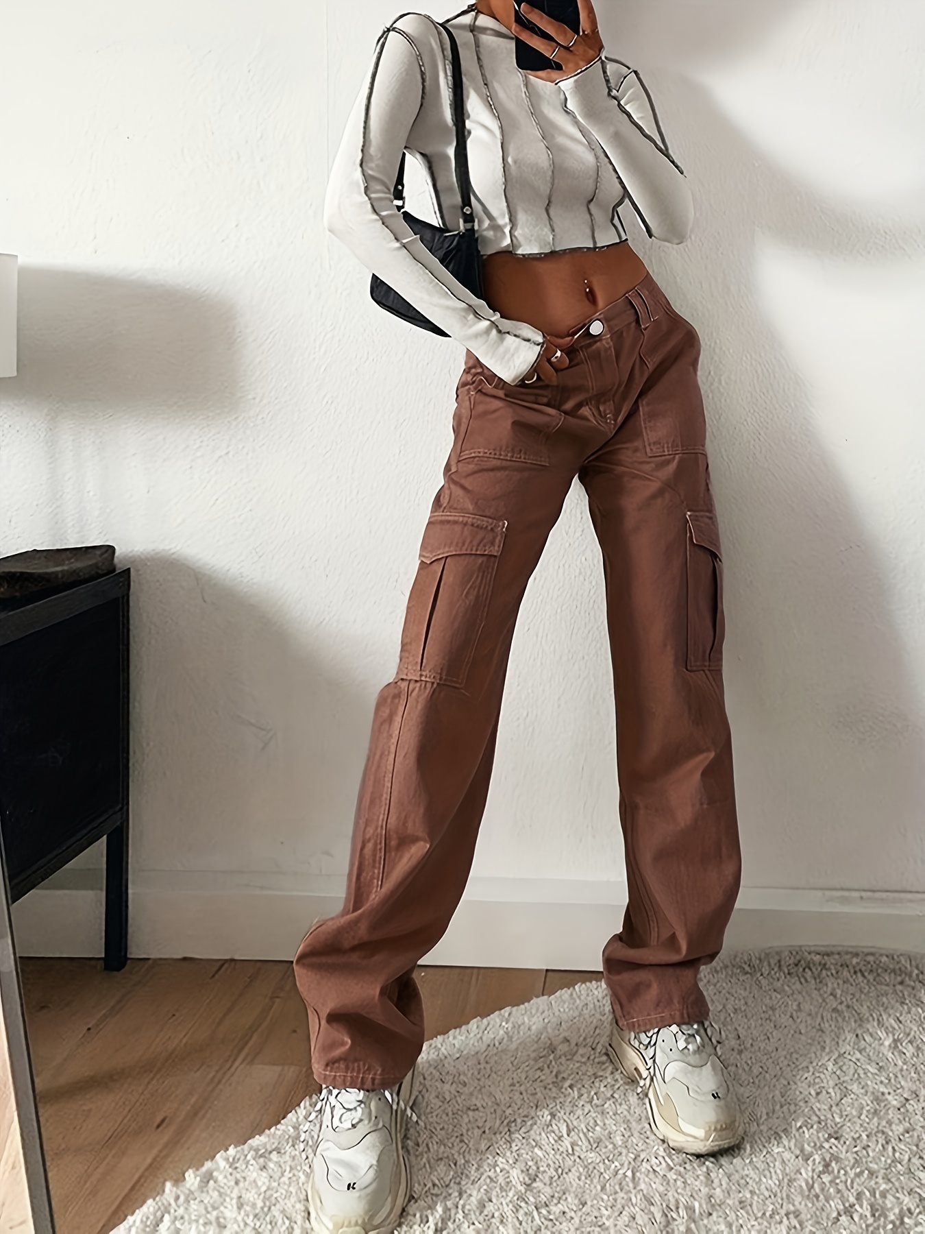 Brown Loose Flap Pockets Cargo Pants, High * Wide Legs Long Baggy Cargo  Pants, Y2K Kpop Vintage Style, Women's Denim & Clothing