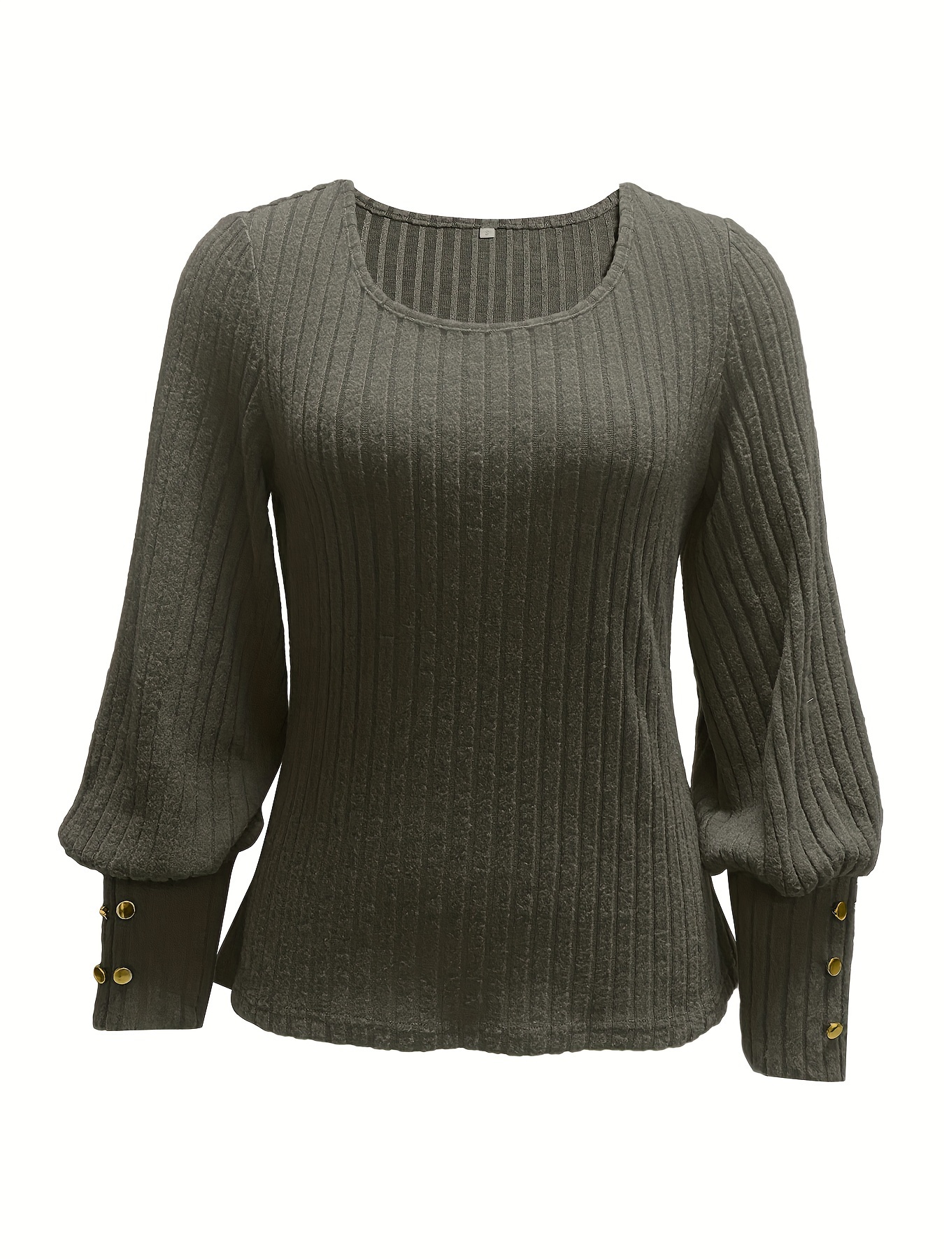 Solid Ribbed Crew Neck Sweater Casual Long Sleeve Button - Temu