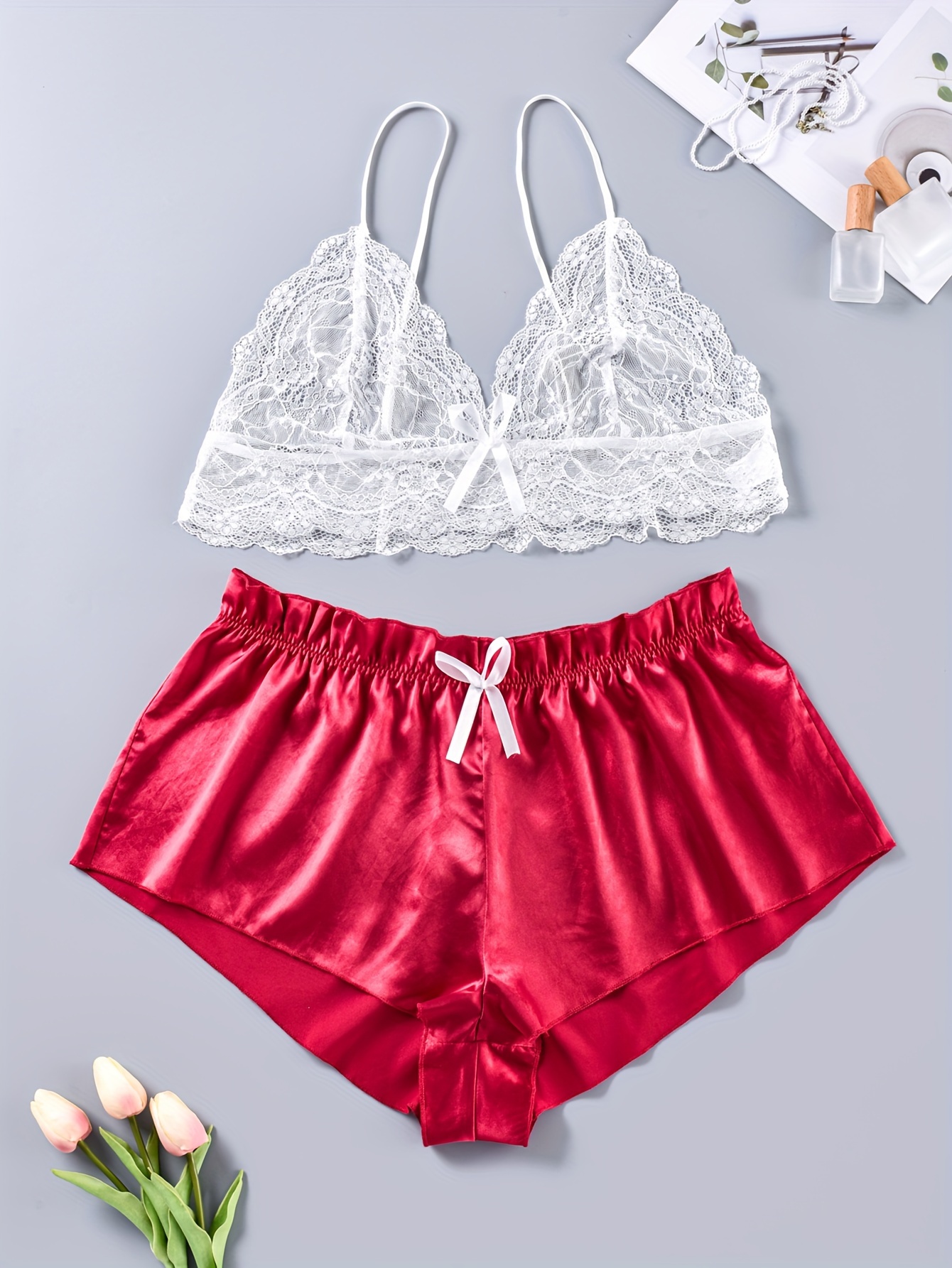 Plus Size Sexy Lingerie Set, Women's Plus Floral Lace Bow Front See Through  Bra & Satin Shorts Lingerie Two Piece Set