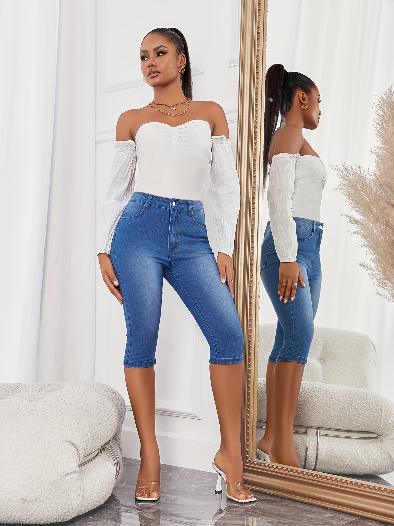 Xysaqa Festival Outfits for Women, Capri Jeans for Women Stretch High  Waisted Distressed Denim Capris Ripped Skinny Cropped Pants 