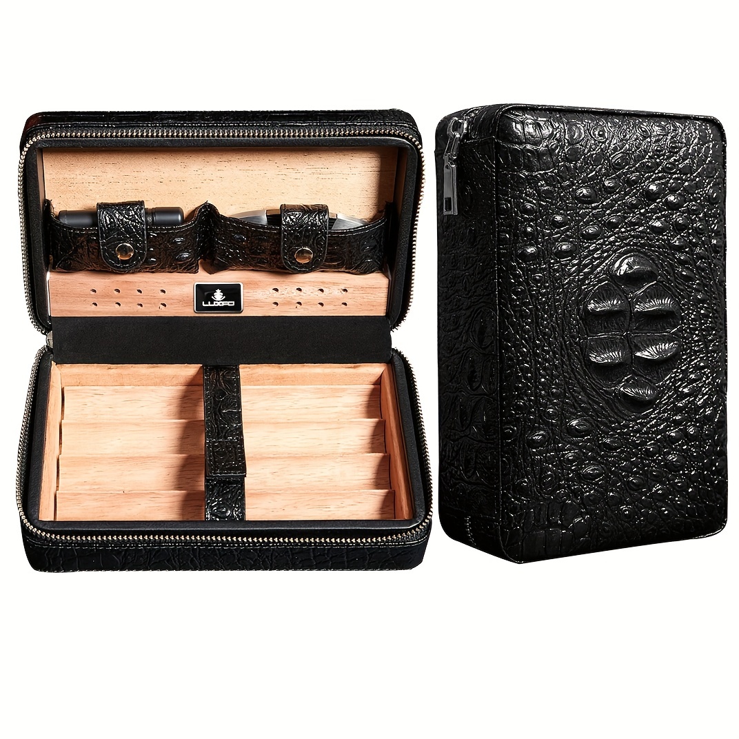 Cigar Case Portable Cedar Wood Leather Travel Humidor Box Holder 4 Cigars  Gift