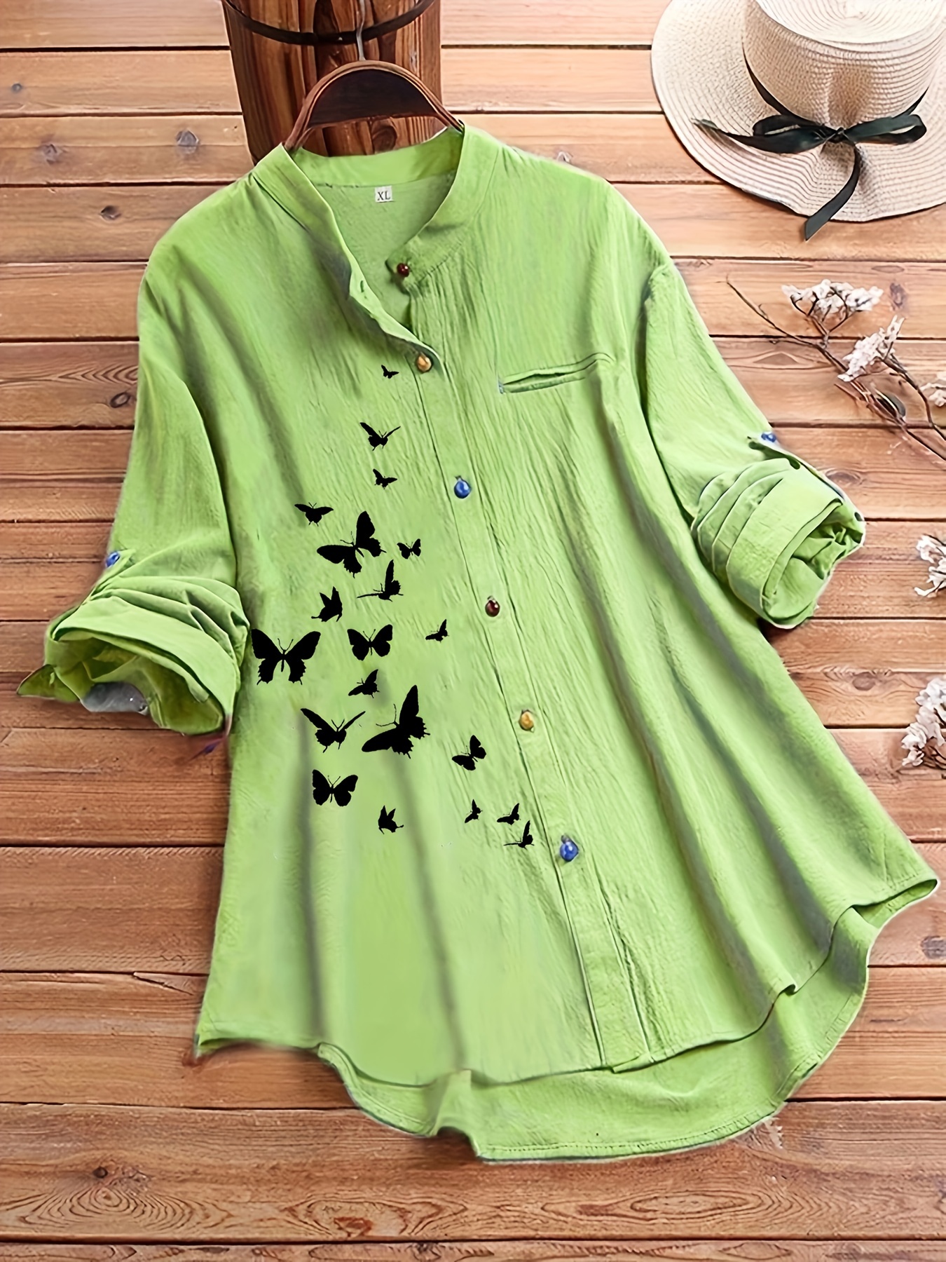 Plus Size Casual Shirt Women's Plus Butterfly Print Roll - Temu