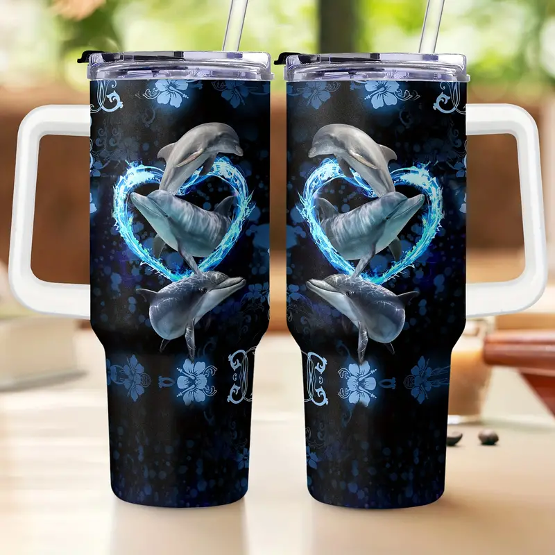 Dolphin Tumbler With Handle And Straw Dolphin Heart Tumbler, Large Capacity  Stainless Steel Dolphin Travel Coffee Mug, Dolphins - Temu
