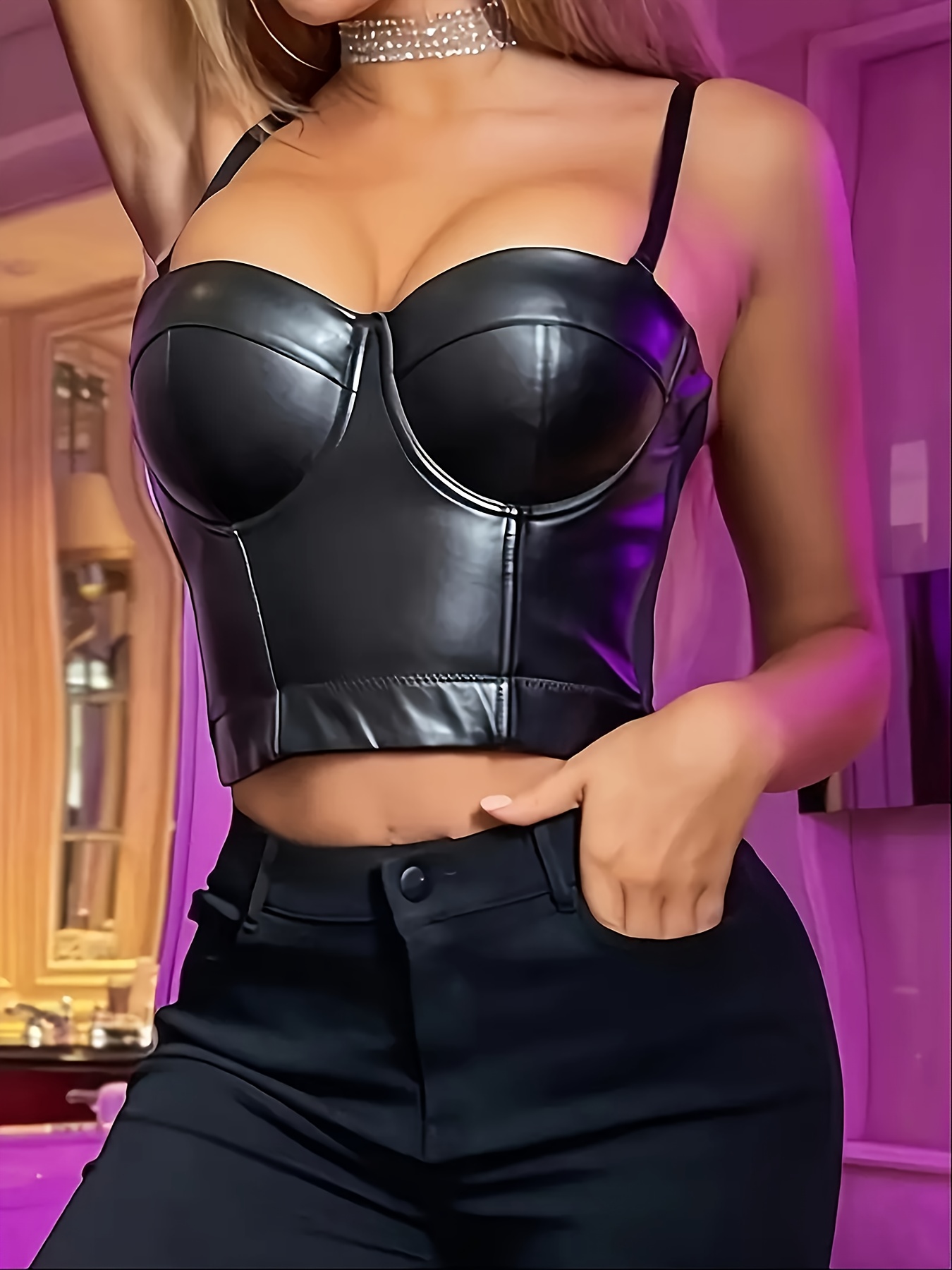 Solid Faux Leather Cami Corset Bustier Contrast Mesh Tummy - Temu