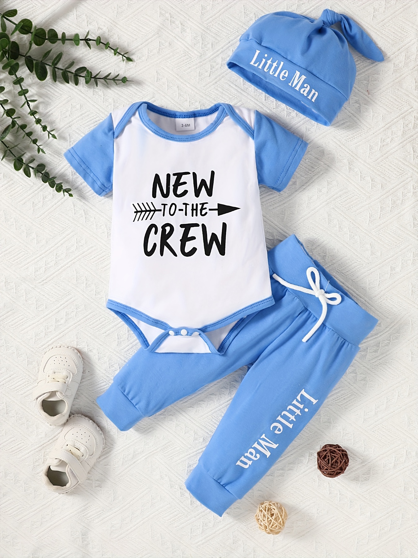 2pcs Baby's "New To The Crew" Print Color Clash Set, Short Sleeve Onesie & Hat & Pants, Baby Boy's Clothing, As Gift