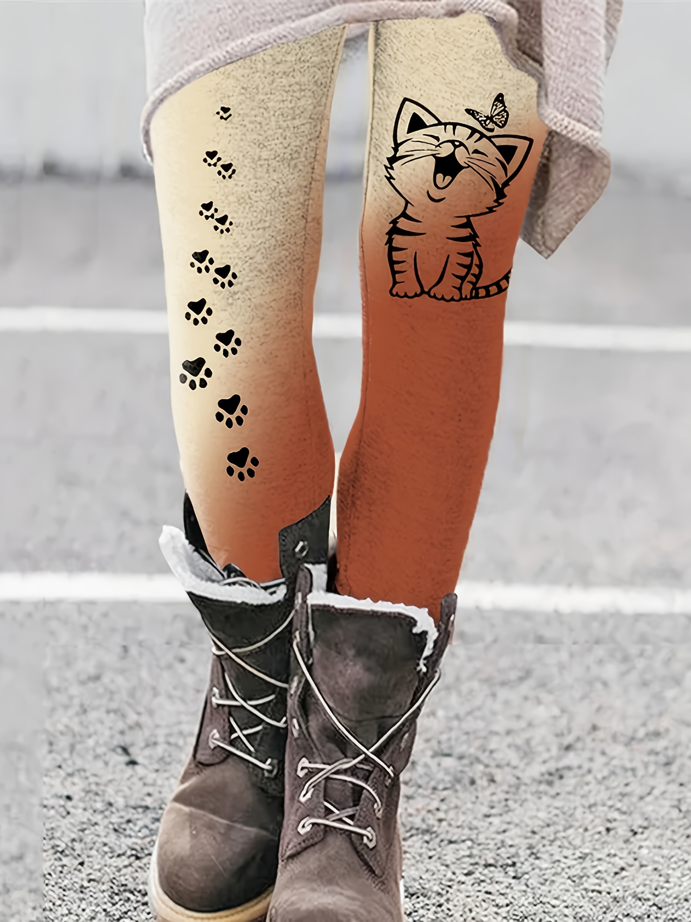 Cat Stripe Print Skinny Leggings Casual Every Day Stretchy - Temu