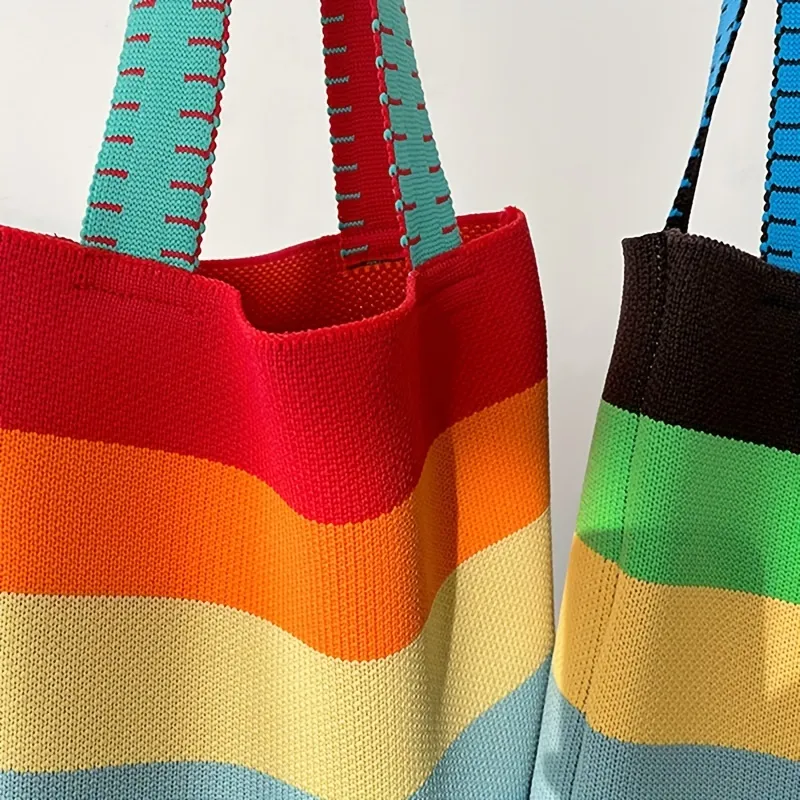 Colorful Stripes Knitted Durable Tote Bag, Slouchy Rainbow Large
