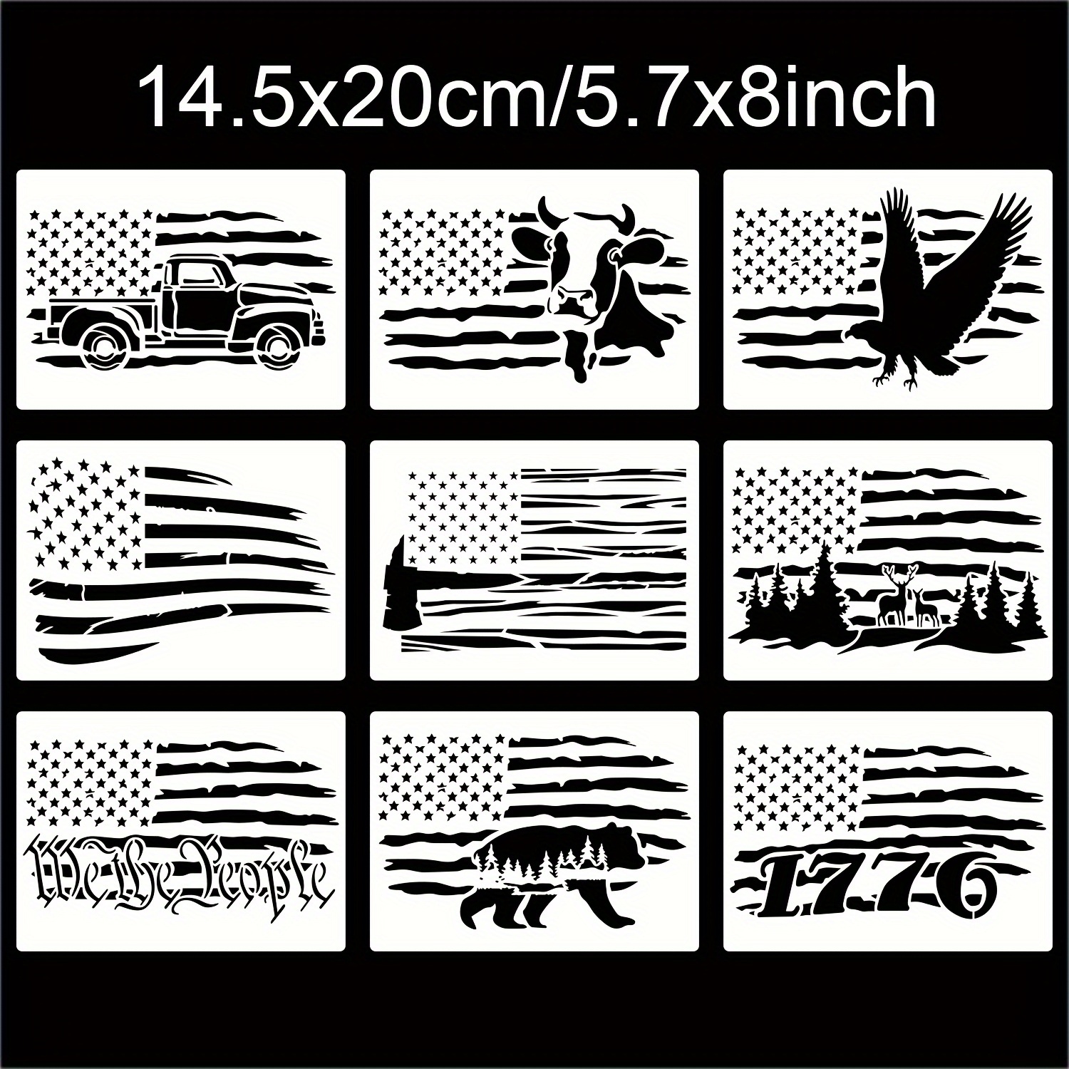 TEMU 9pcs American Flag Stencils, Stencils Deer 1776 Stencils Cow Bear Truck Stencils For Painting On Wood Canvas Walls Fabric Wood Burning Stencils