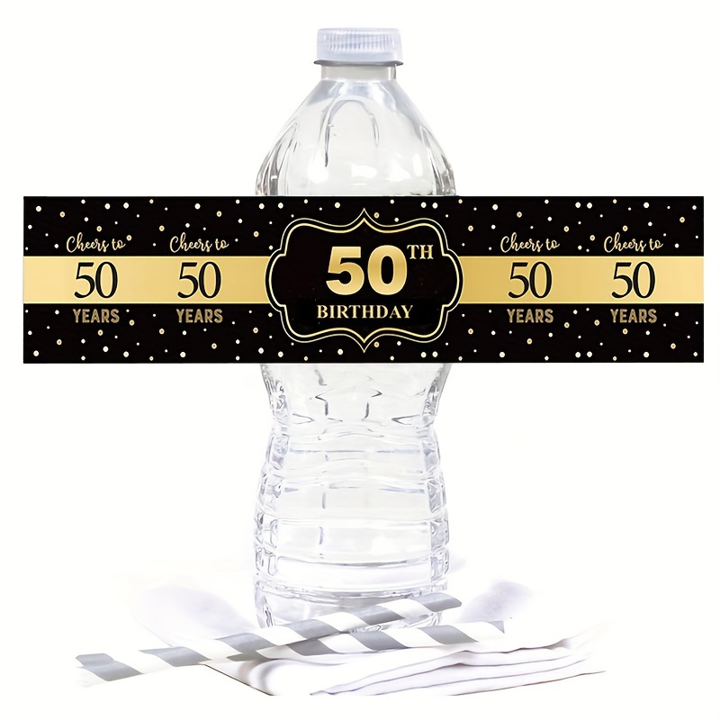 

10pcs, Black Golden 50-year-old Mineral Water Bottle Stickers Birthday Party Rectangular Gift Packaging Sealing Stickers Birthday Party Decor Supplies