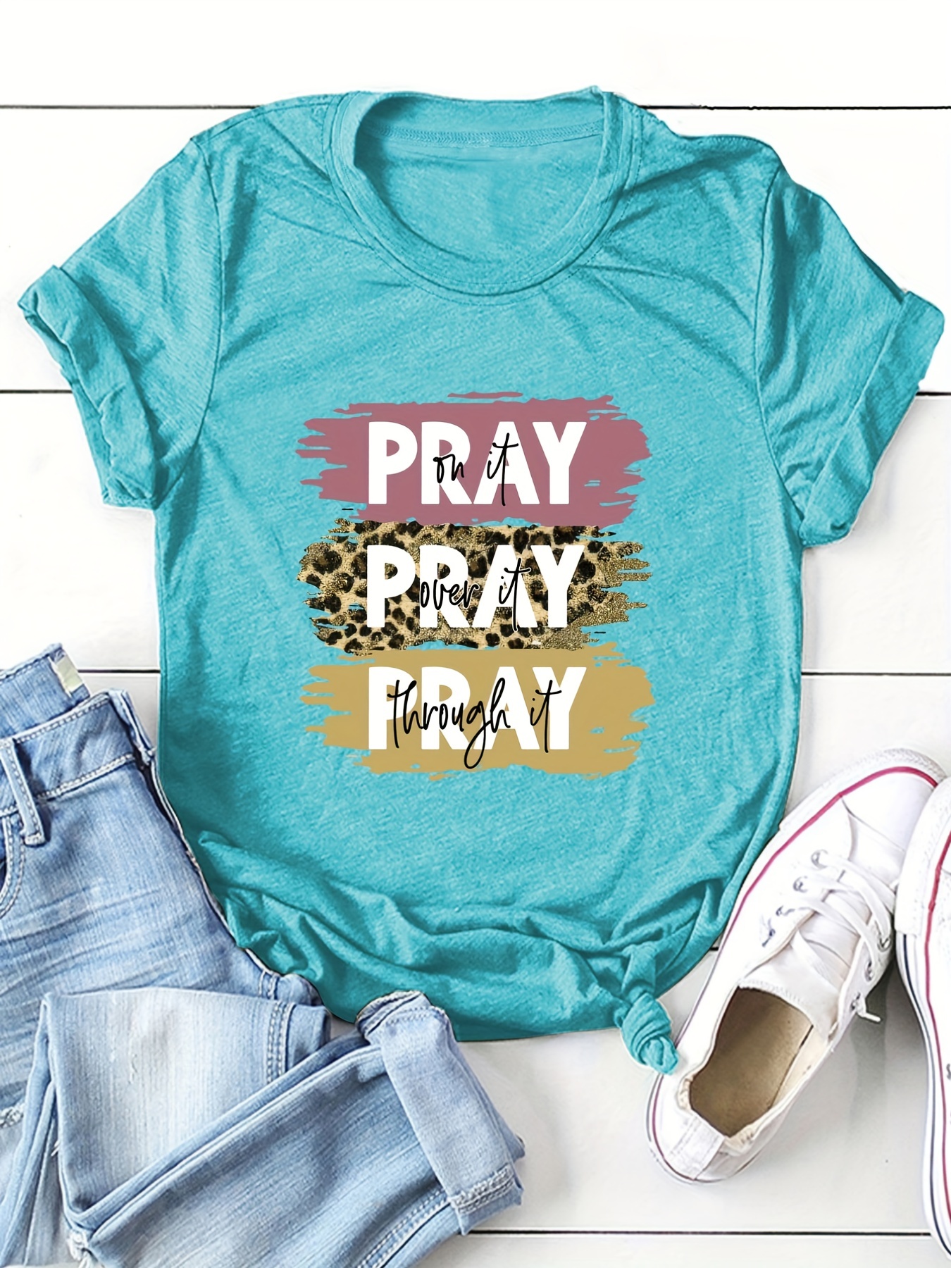 Pray Letter Print T-shirt, Crew Neck Short Sleeve T-shirt, Casual