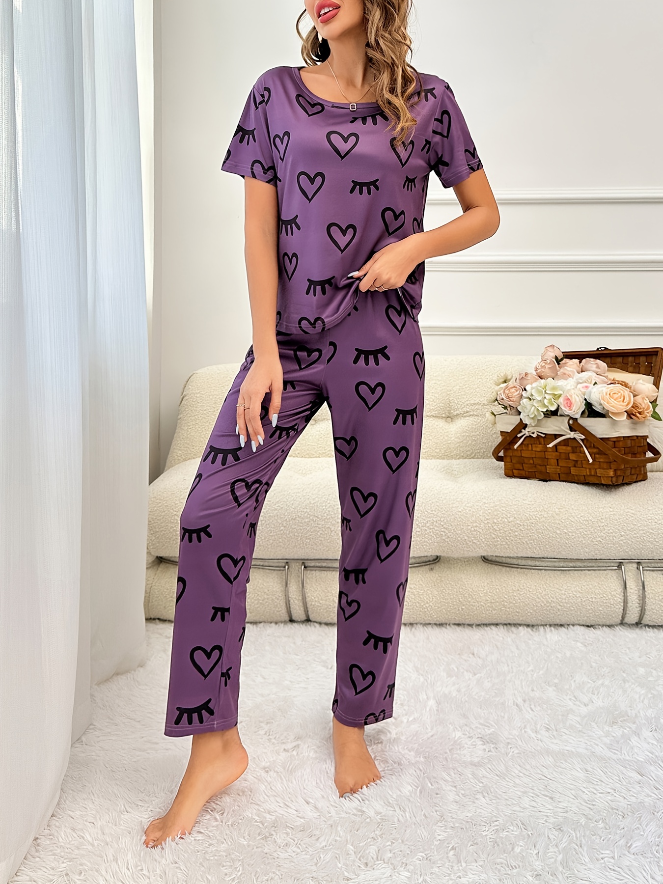 Elegant Solid Pajama Set, Heart Pattern Short Sleeve Blouse Top & Elastic  Waistband Shorts, Women's Sleepwear & Loungewear - Temu