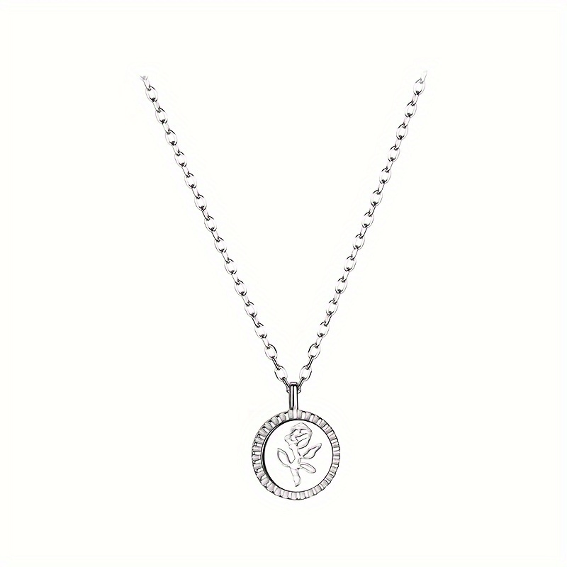 1pc Dainty Elegant Rose Floral Round Pendant Necklace, For Teenager