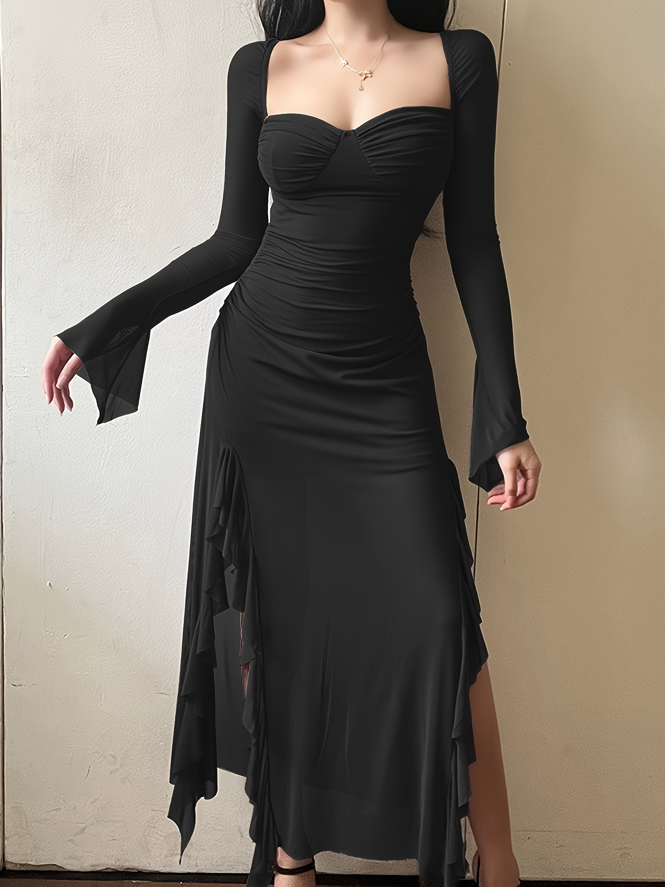 Dresses for Women One Shoulder Ruffle Asymmetrical Hem Ruched Mesh Dress  ALBVLE (Color : Black, Size : Small) : : Clothing, Shoes &  Accessories