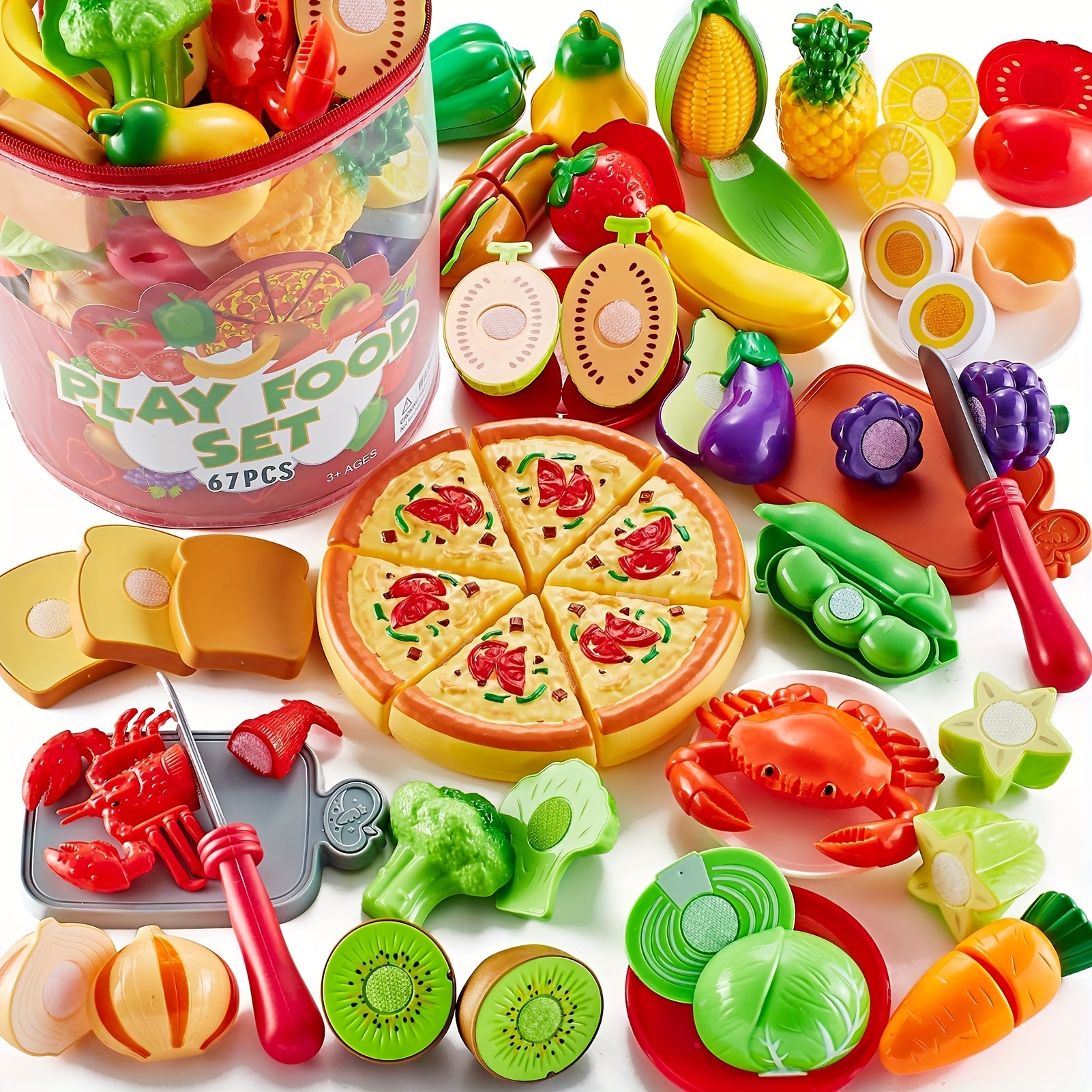 

67pcs Pack Of Kids Kitchen Simulation Toy Food Set, Pizza Toy Food And Cutting Simulation Food - Fruits And Vegetables, Kitchen Toy Accessories, Simulation Food Toy Eid Mubarak Gifts