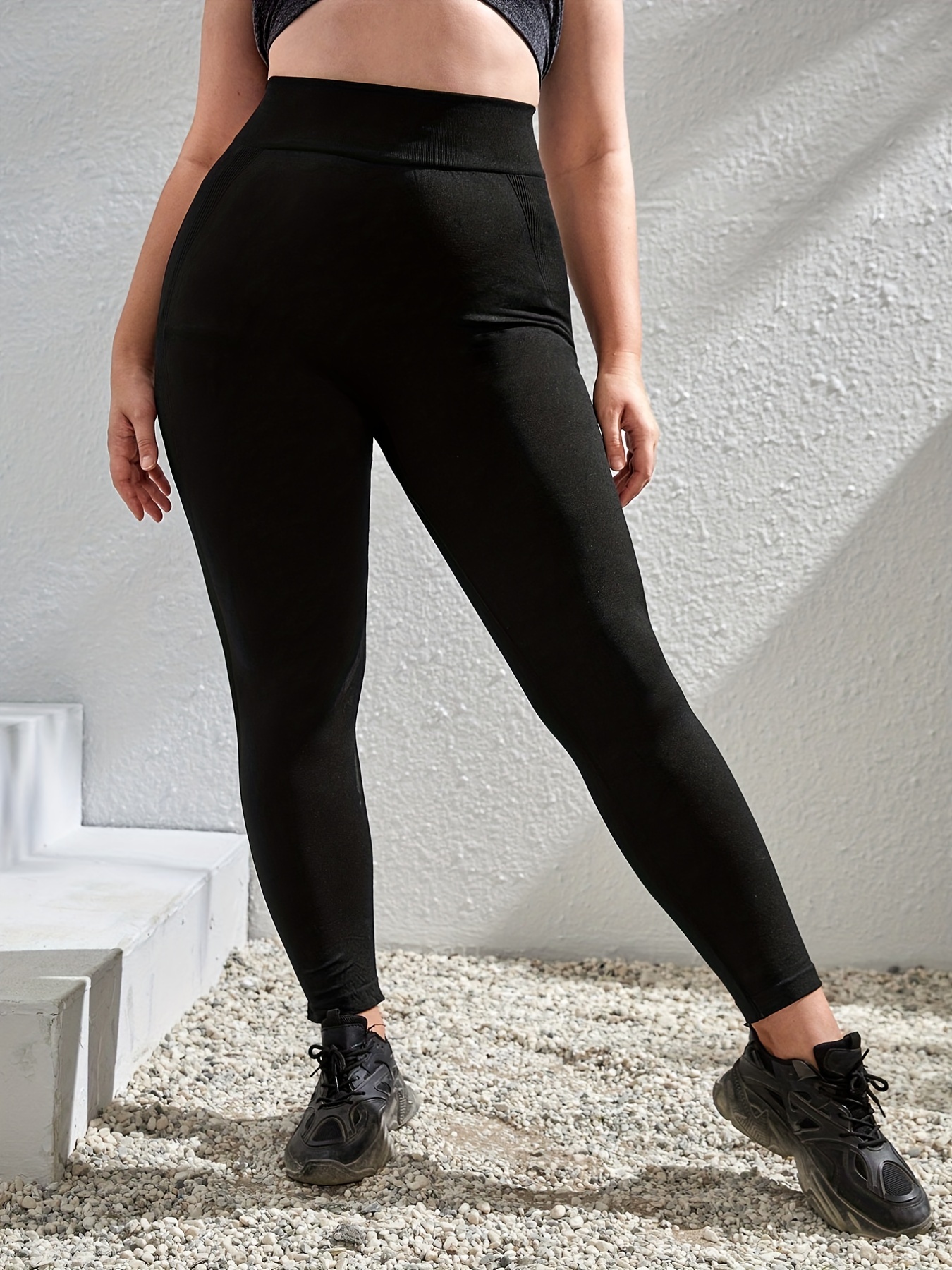 Plus Size Sports Leggings, Women's Plus Solid Ribbed High Rise High Stretch  Ruched Hip Lifting Leggings