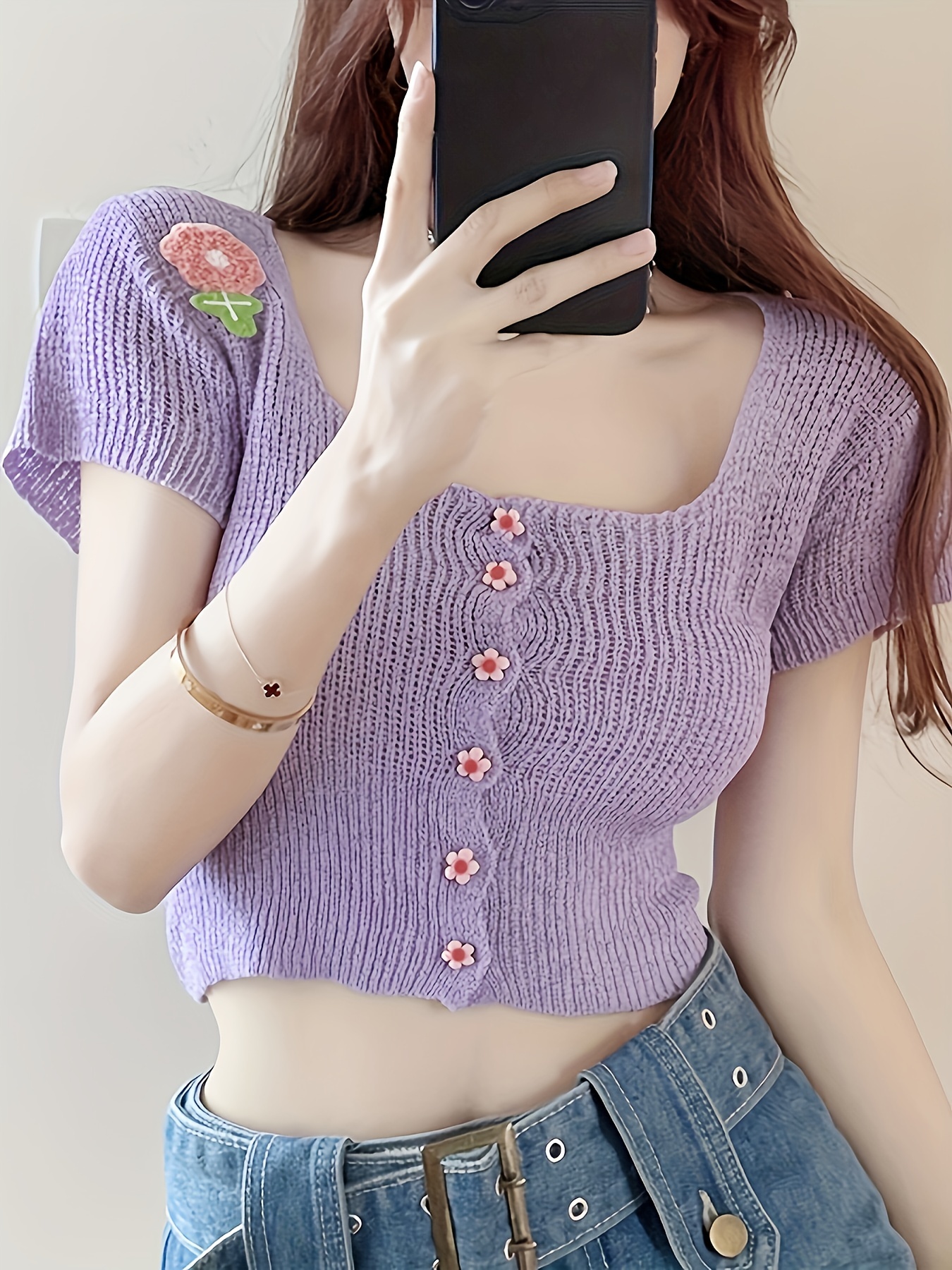 Cute Knit Skinny Crop Top Sexy Button Crew Neck Short Sleeve - Temu
