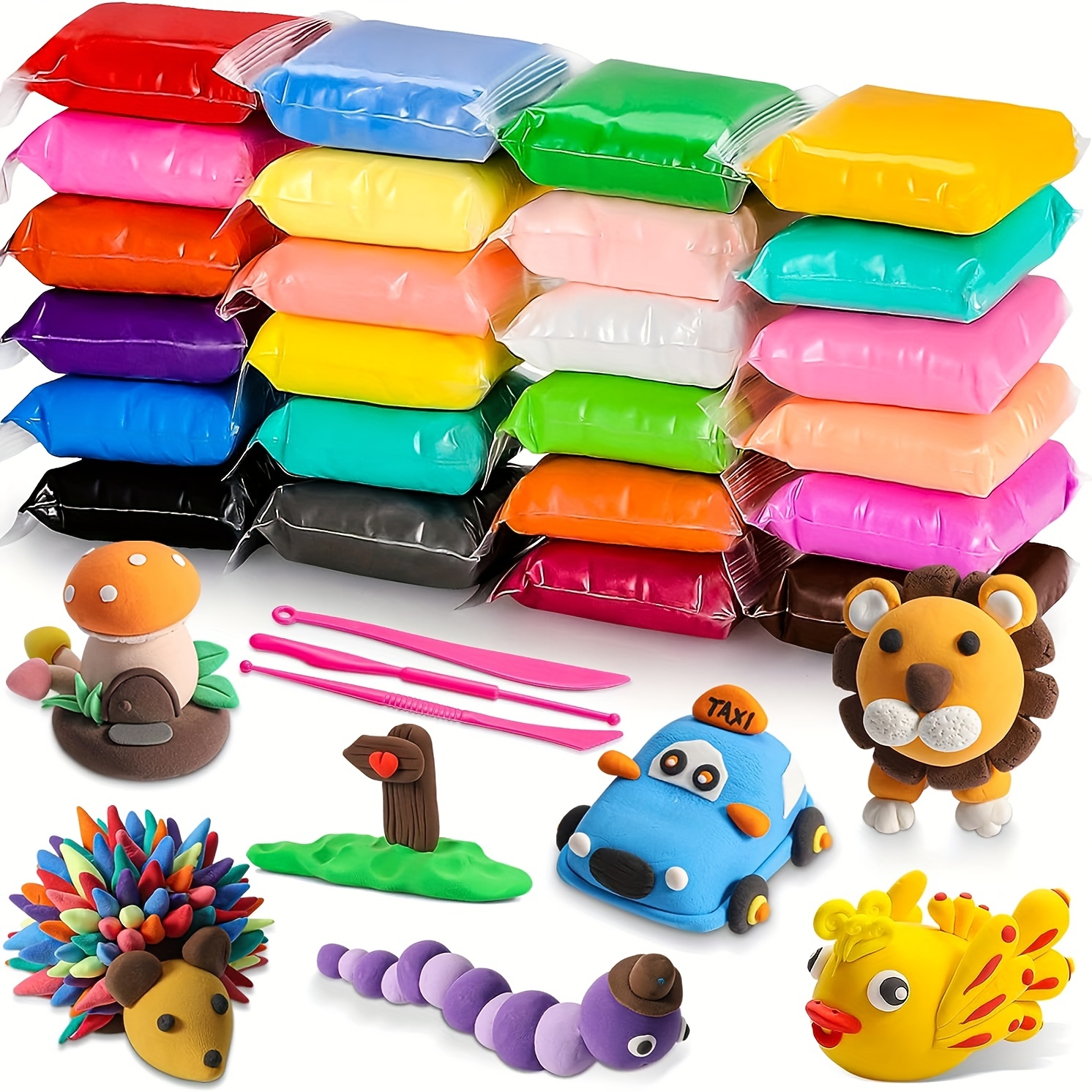 Modelling Clay Kit - 24 Colors Air Dry Ultra Light Magic Clay, Soft & Stretchable DIY Molding Clay with Tools, Animal Accessories, Easy Storage B