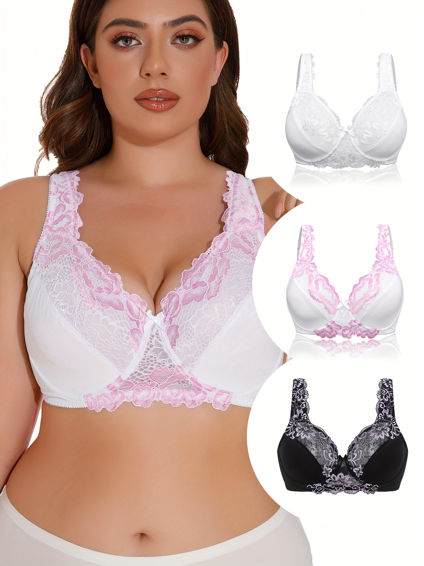 Non-Padded Floral Embroidery Pink Lace Bra