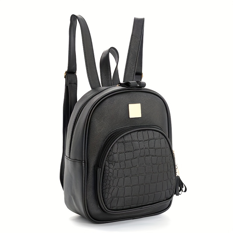 Girls Embossed Pattern PU Zipper Classic Backpack