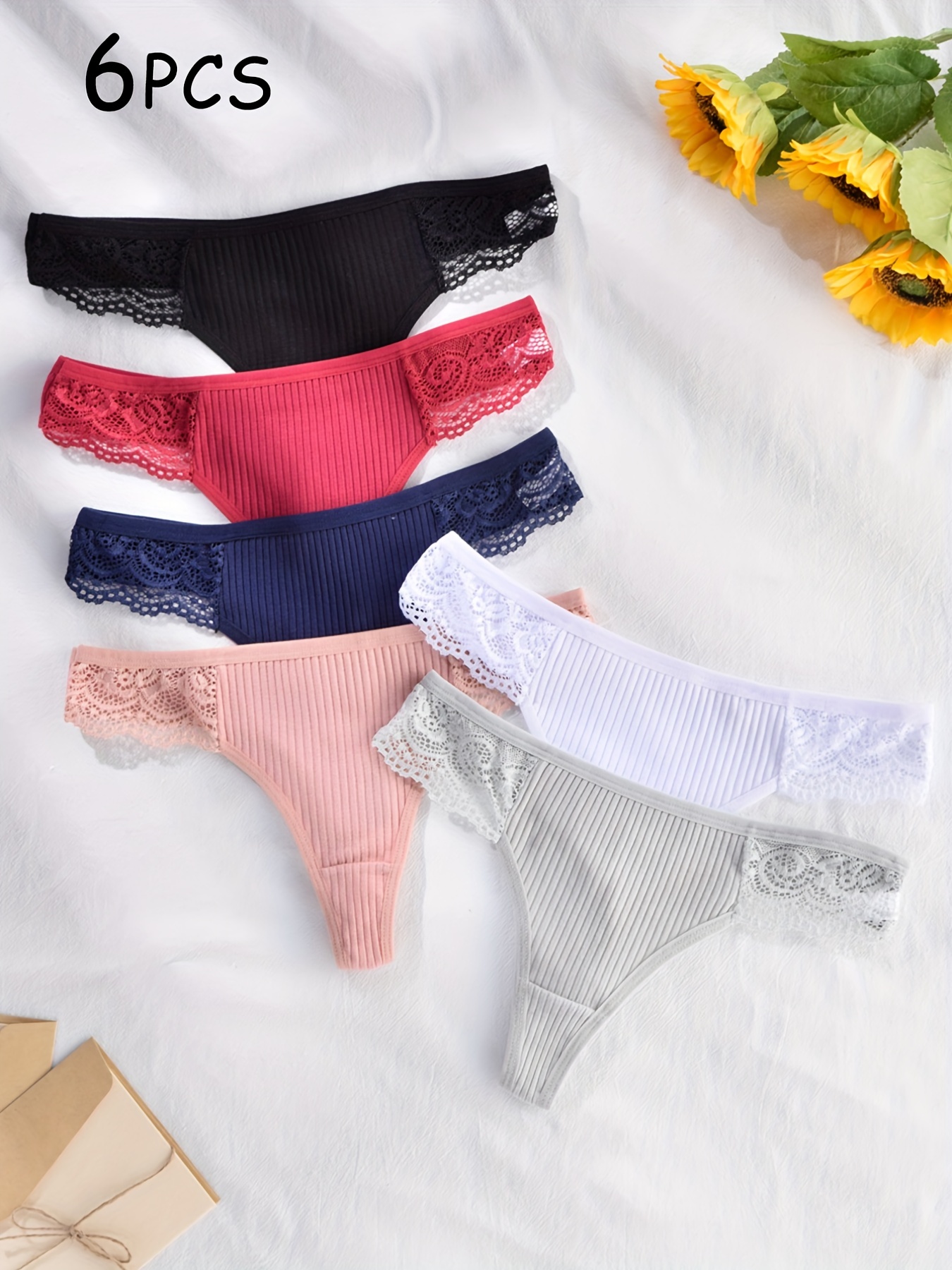 6pcs Contrast Lace Ribbed Thongs, Soft & Comfy Intimates Panties, Women's  Lingerie & Underwear