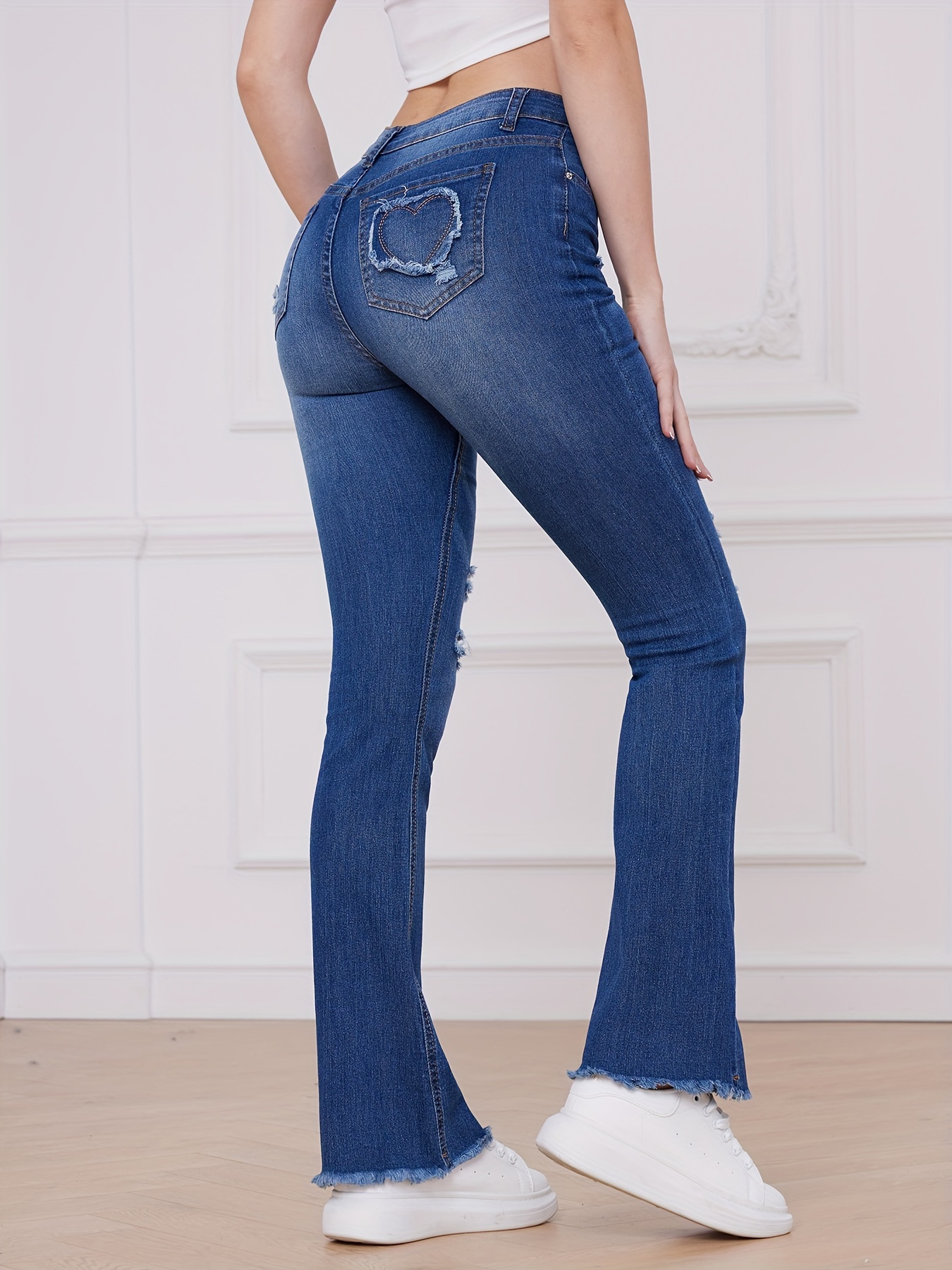 Heart Detail Patch Pocket Ripped Flare Leg Jeans * Hem Medium Stretch Cute  Denim Pants, Women's Denim Jeans & Clothing