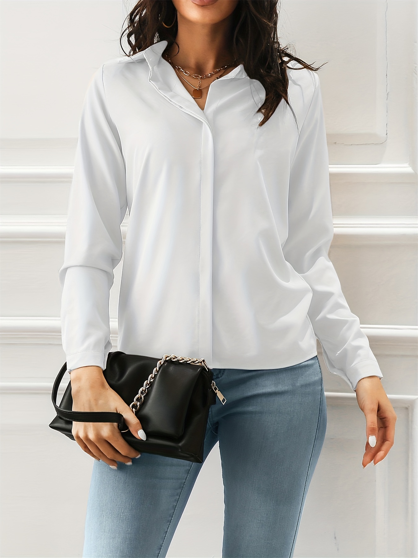 Women Summer Long Sleeve Blouse Office Turn Down Collar Top Shirts Solid Tee