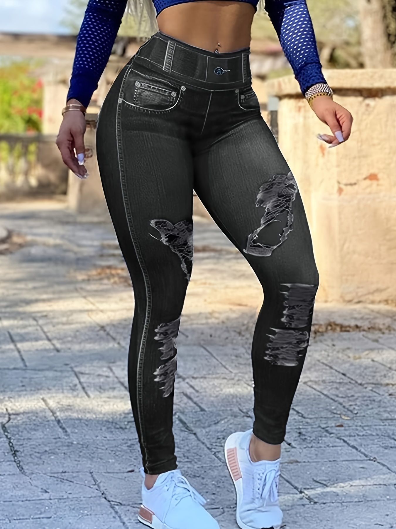 Women's Denim Print Fake Jeans Look Like Leggings Sexy Stretchy High  Workout Leggings for Women Plus Size at  Women's Clothing store