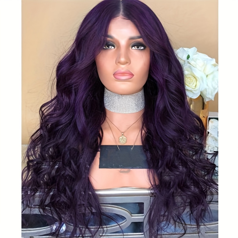 Purple Wigs Long Water Wavy Wig Middle Part Natural Temu