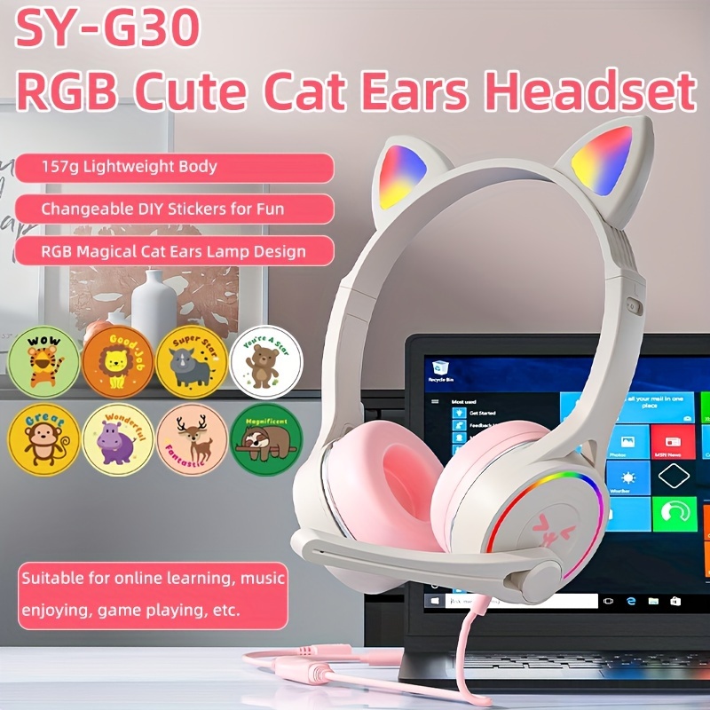 Cat Ears Gaming Headset Wired Headphone with Mic Noise-Cancelling ,7.1  Channel Stereo for PS4/Phone/PC Gamer Girls Headset fones