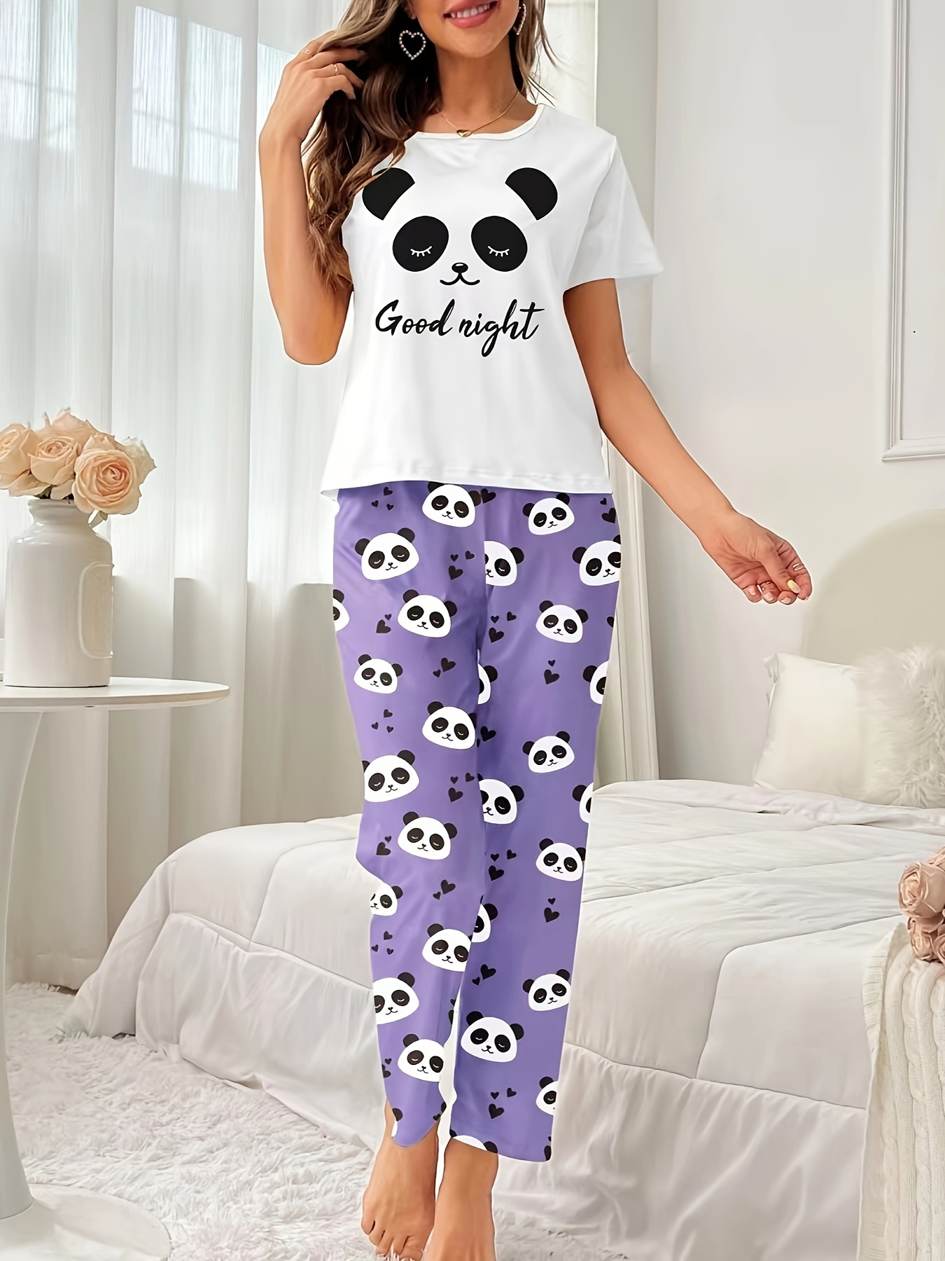 Cartoon Panda Print Pajama Set, Short Sleeve Crew Neck Top & Elastic  Waistband Pants, Women's Sleepwear & Loungewear